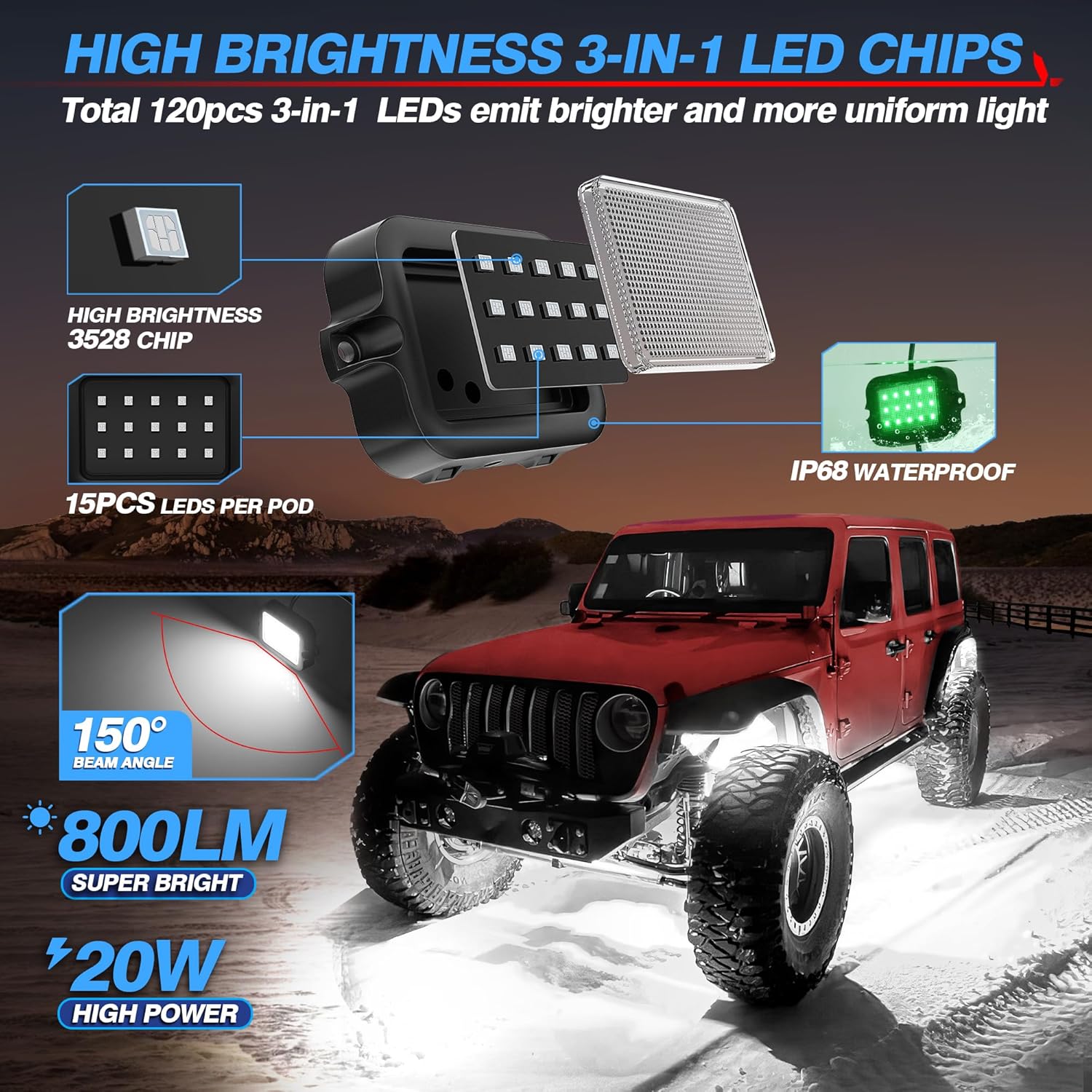 MICTUNING Y1 RGB+IC Dream Color – Kit de luces LED de roca  8 cápsulas de luces subterráneas para camiones con efecto de persecución, kits de luz de