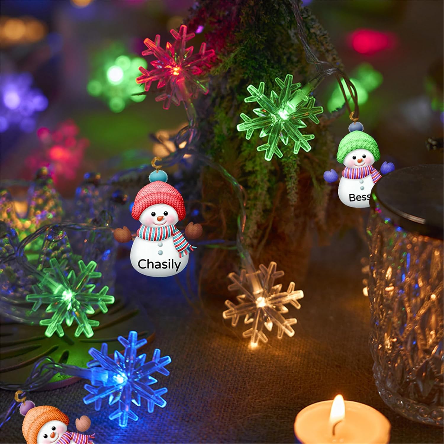 Guirnalda de luces de Navidad personalizadas con nombre, muñeco de nieve personalizado, guirnalda de luces familiares de muñeco de nieve colorido,