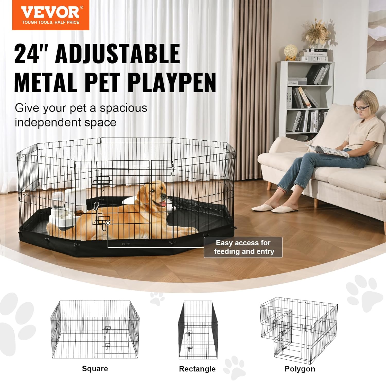VEVOR Corralito plegable de metal para perros, valla para mascotas para acampar con almohadilla inferior, 24 pulgadas de alto, 8 paneles de jaula