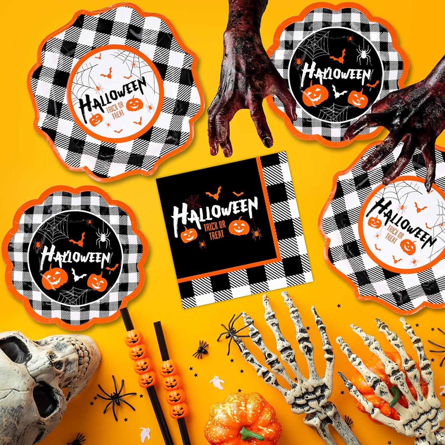 DYLIVeS Juego de platos y servilletas para fiesta de Halloween, 150 piezas de vajilla de calabaza y murciélagos a cuadros de Halloween, suministros