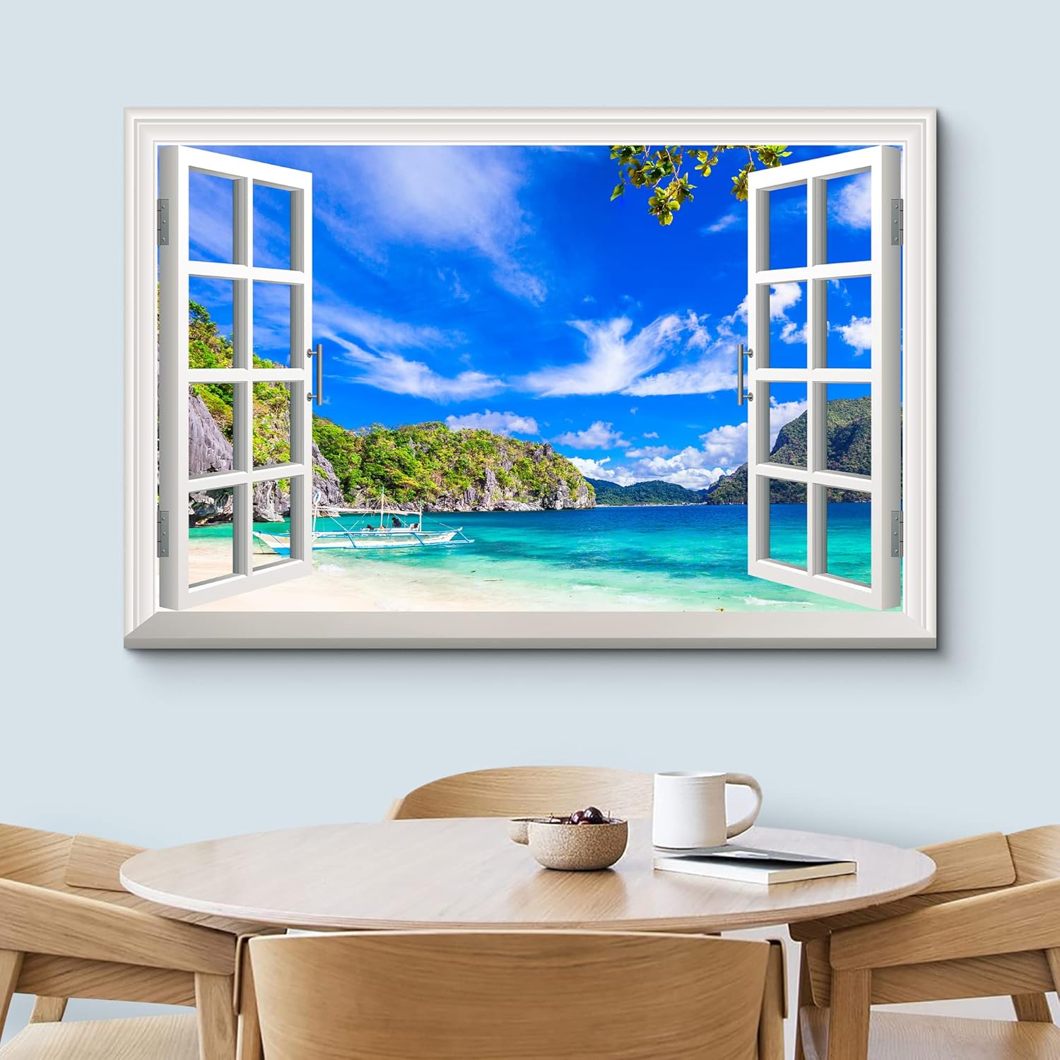 wall26 Lienzo impreso para pared, vista de ventana a barco y playa tropical, isla de naturaleza, desierto, fotografía, realismo, paisaje rústico,