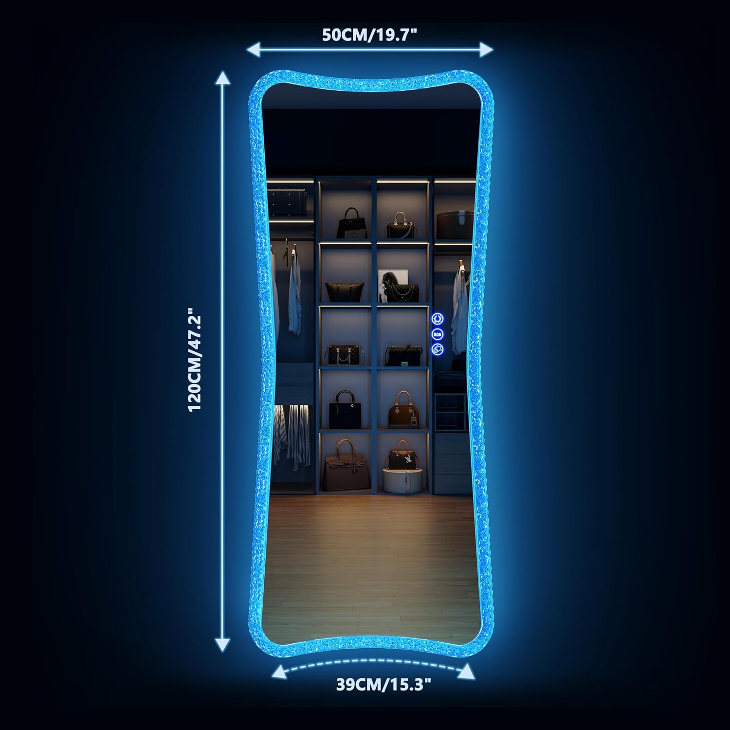 Dystler Full Length Mirror – Glass Full Body Lighted Mirror for BedroomLiving RoomBathroom, Hanging Dressing Mirror, Wall Mounted Mirror Dimming & 7
