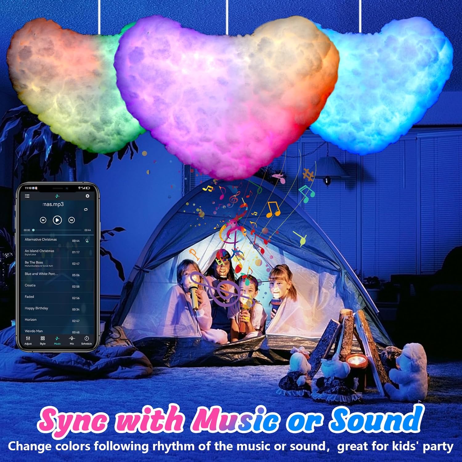 Luces LED de corazón de nube para dormitorio, kit de luz nocturna creativa multicolor, sincronización de música con aplicación, tira cambiante de