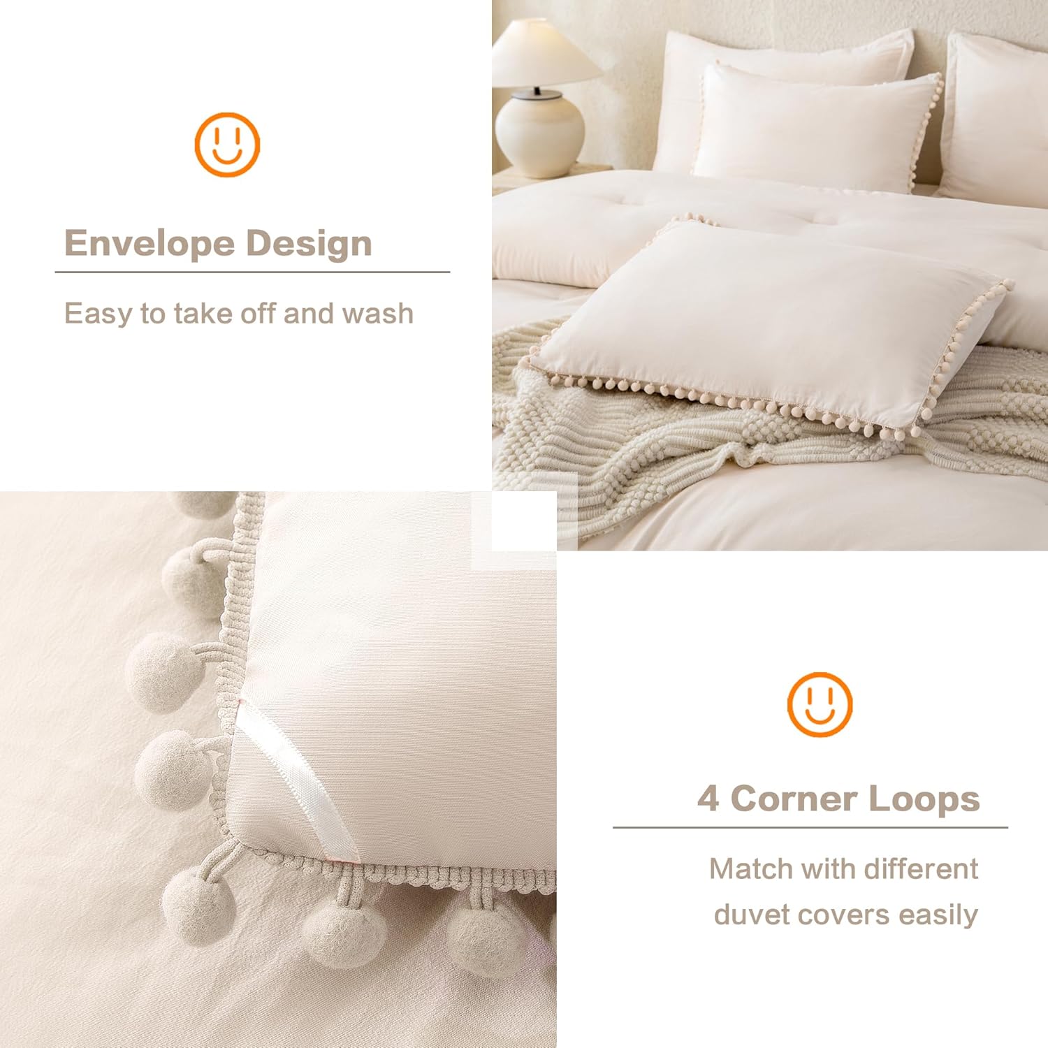 Litanika Juego de edredón de tamaño Queen beige, 3 piezas beige bohemio con pompones, ropa de cama ligera para todas las estaciones (1 edredón de 90