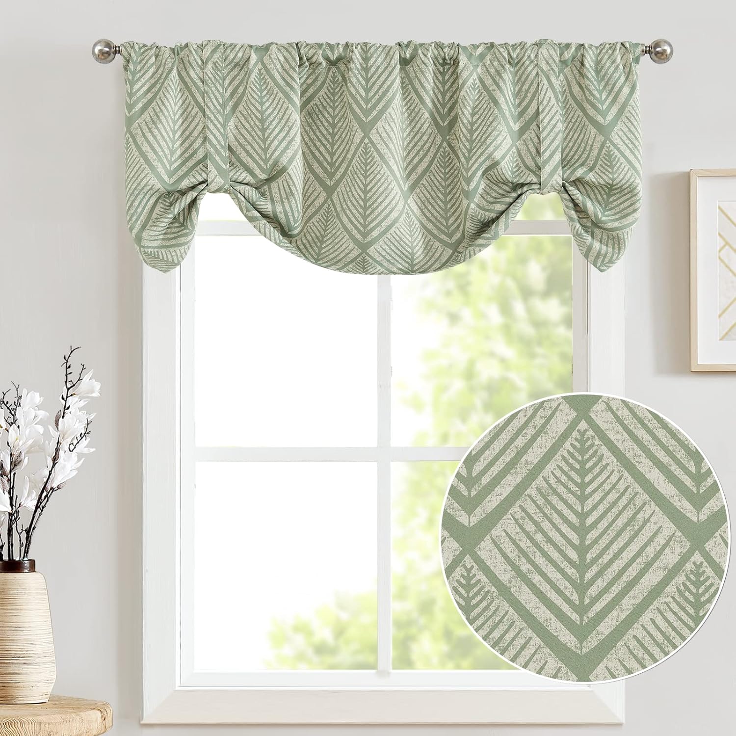 jinchan Cenefa geométrica para cocina, sala de estar, estampado de hojas de helechos, cenefa opaca para ventana, cenefa ajustable con aislamiento