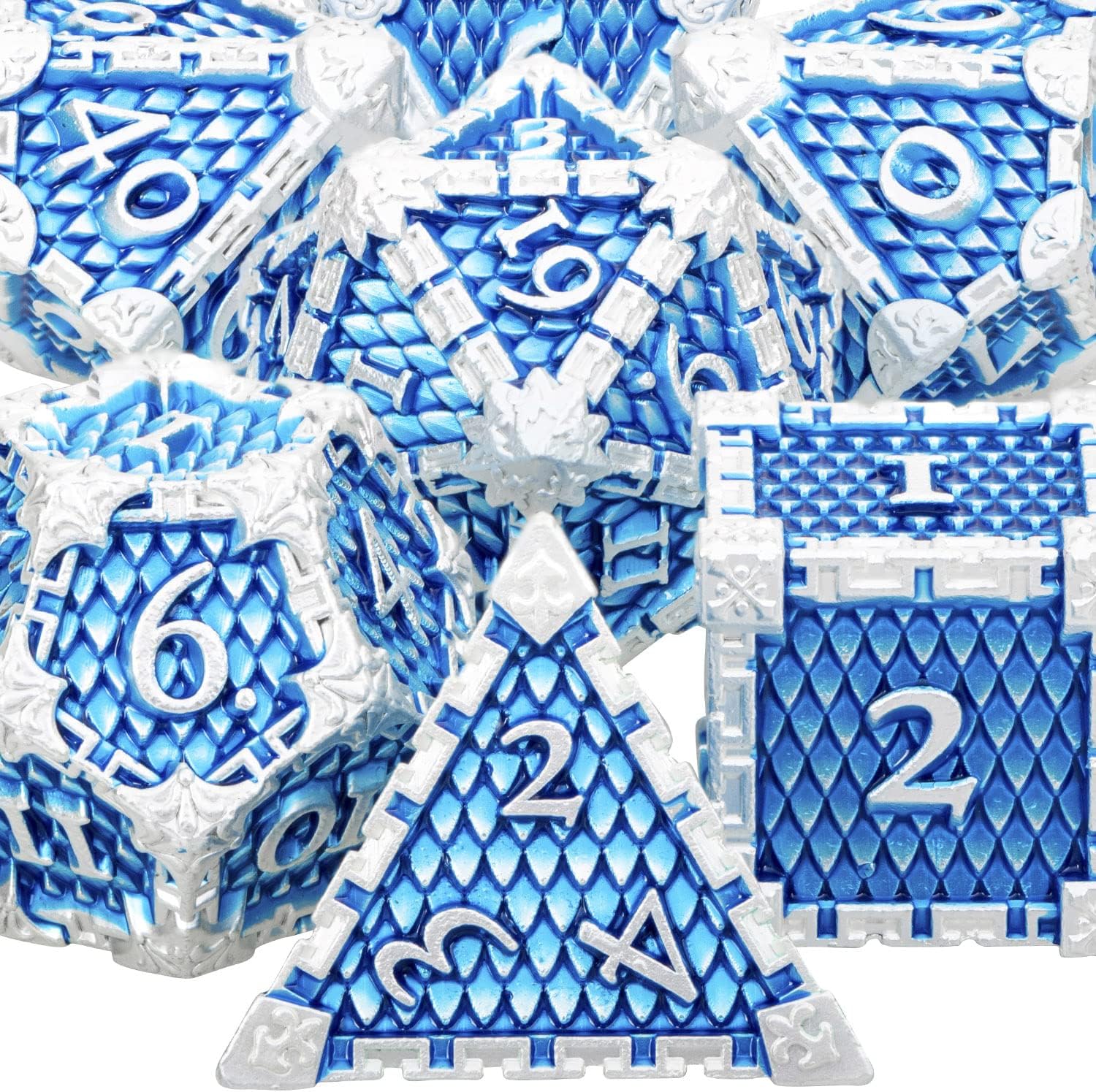 ARUOHHA DND – Juego de dados de metal con caja de regalo, juego de rol a escala de dragón azul, juego de dados poliédricos de 6 caras para D&D de