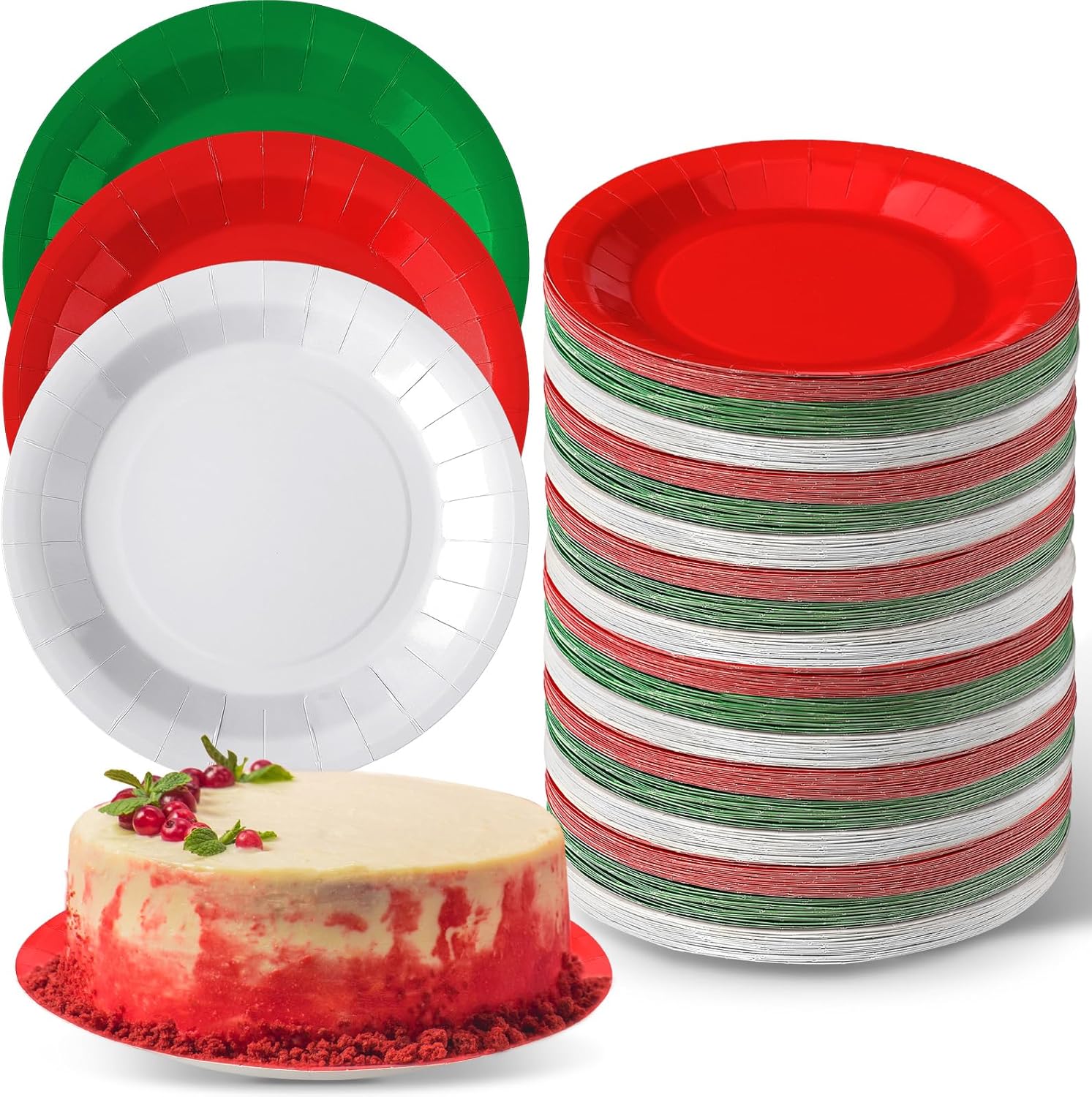 Tioncy 180 platos rojos, blancos y verdes, platos de papel desechables de Navidad, platos de papel de postre, platos de cena a granel, decoración de