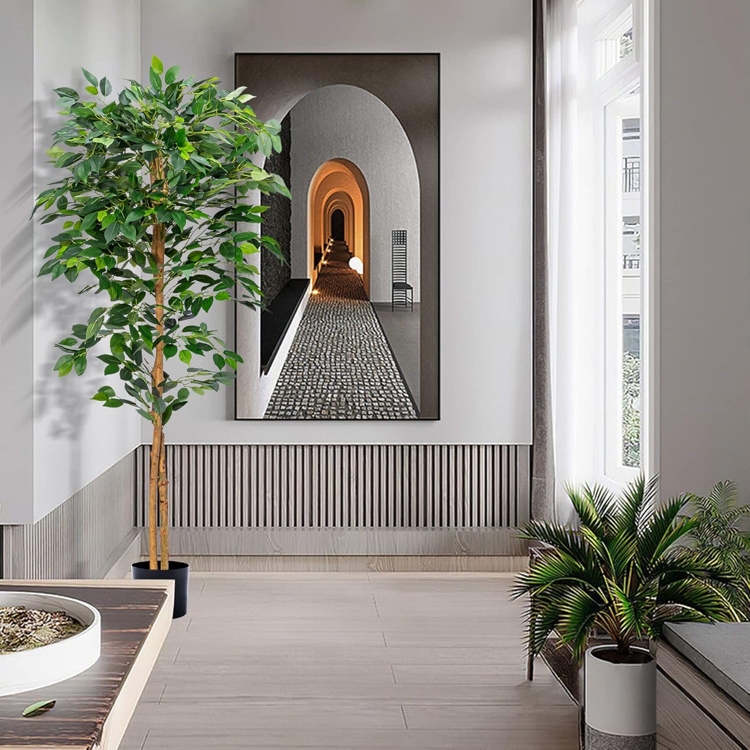 Plantas artificiales de ficus, árboles de eucalipto con hojas de seda, musgo falso y maceta resistente, plantas falsas para decoración de oficina y