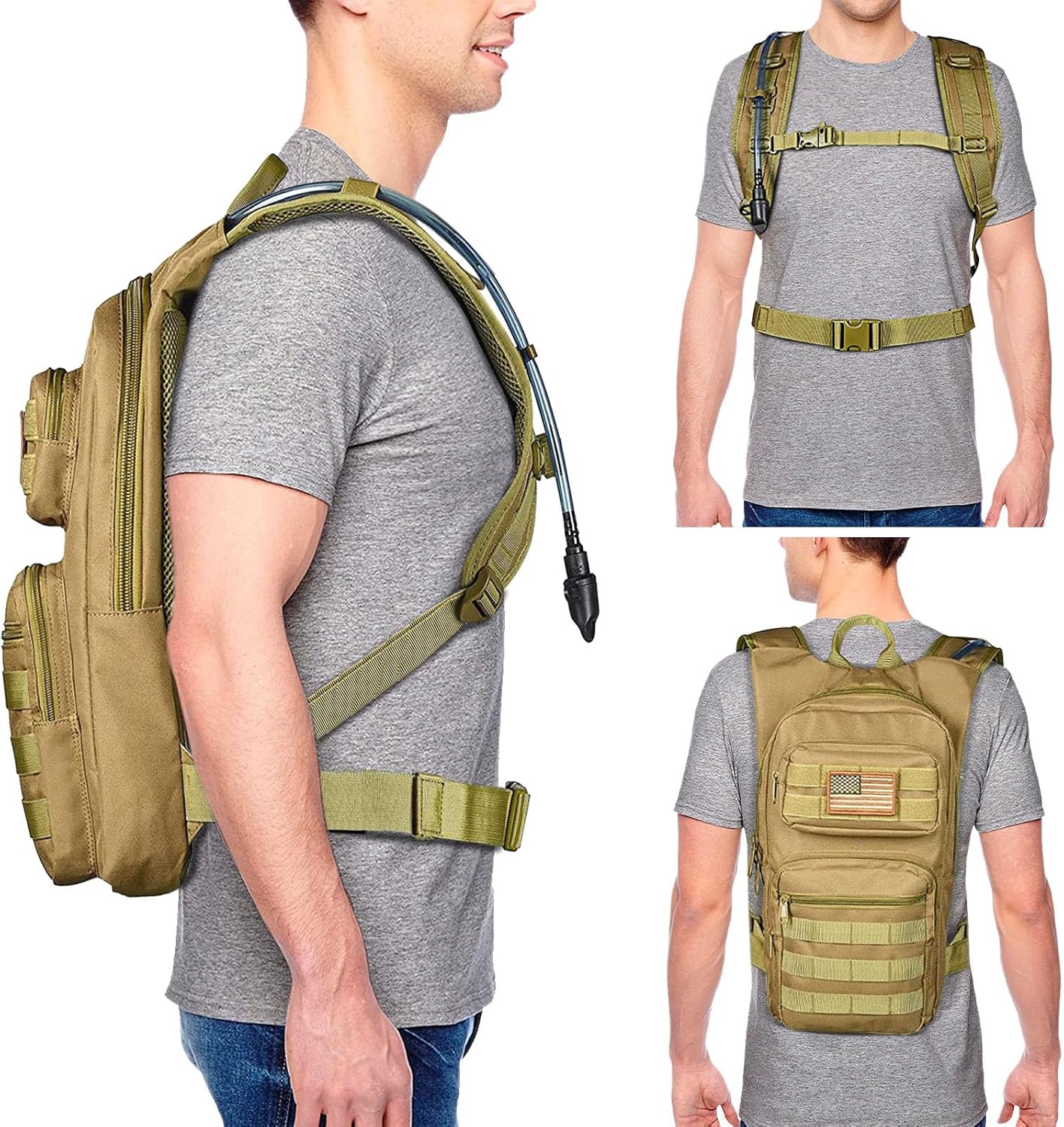 Mochila de hidratación con vejiga de agua de TPU de 3 L, mochila táctica de agua Molle para hombres y mujeres, paquete de hidratación para