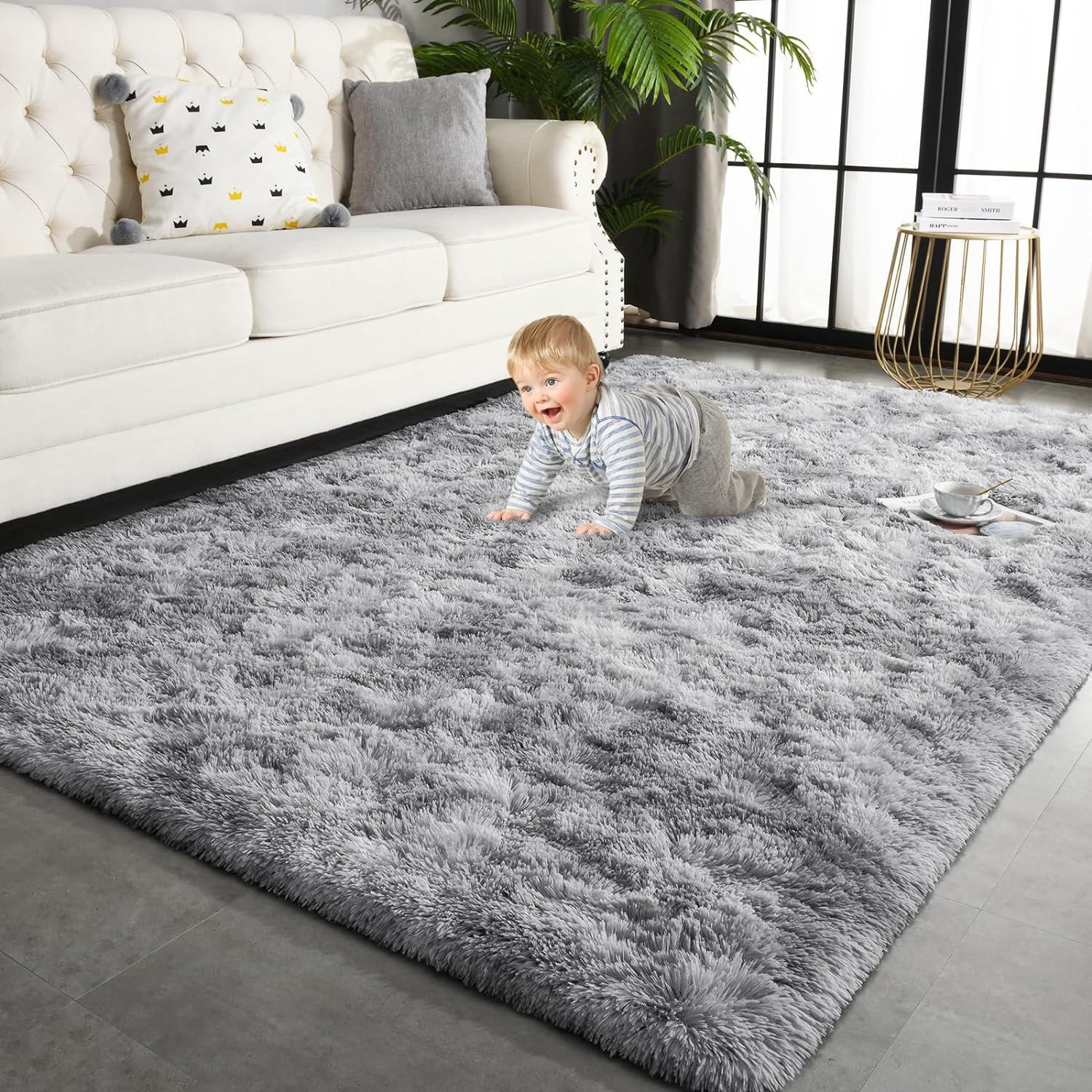 TWINNIS Alfombras grandes de pelo largo de 6 x 9 pulgadas para sala de estar, dormitorio, teñido anudado gris claro, alfombras de felpa súper suaves