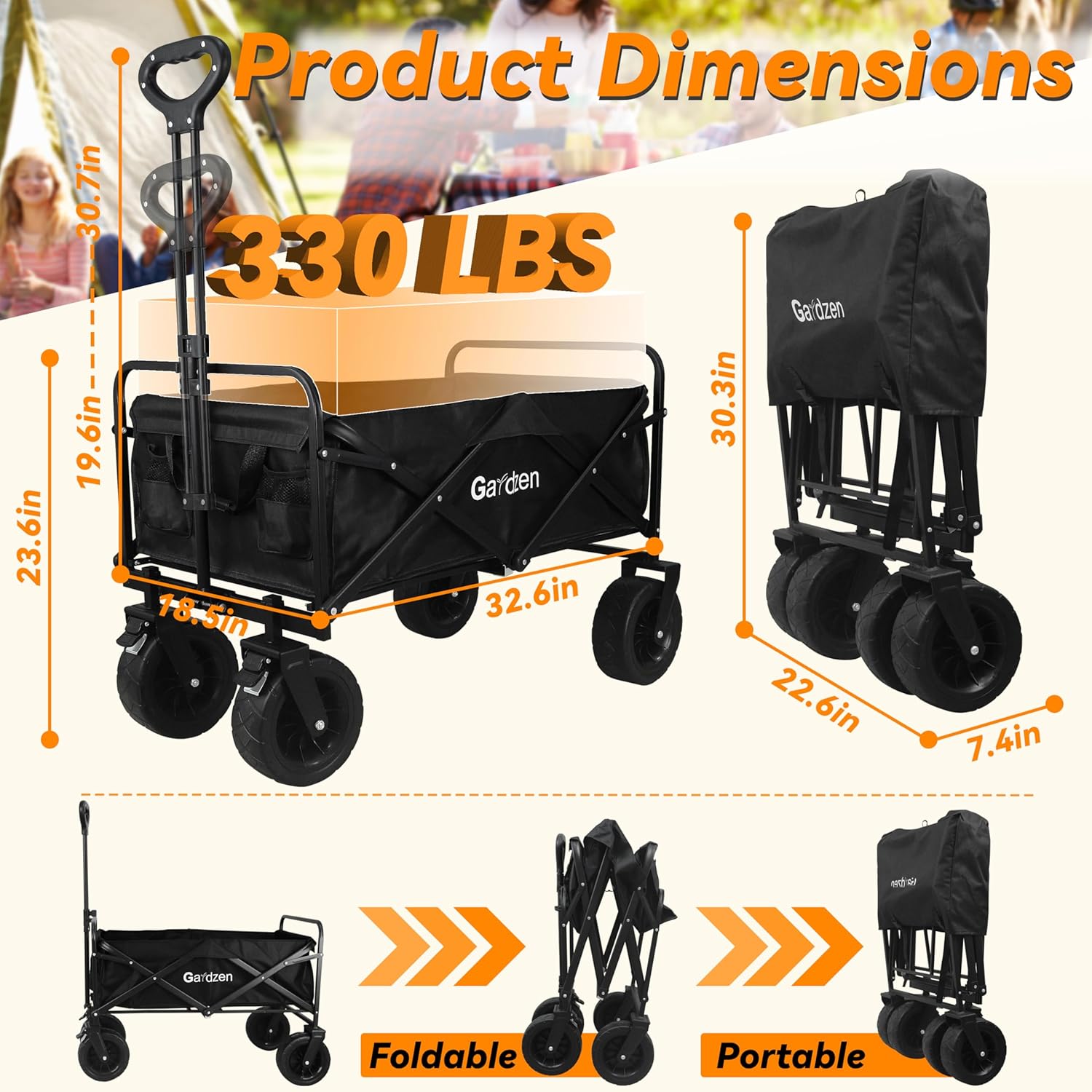 Gardzen Carro plegable, carro de jardín con ruedas todo terreno para una fácil maniobra, carro plegable grande que transporta hasta 180 libras,