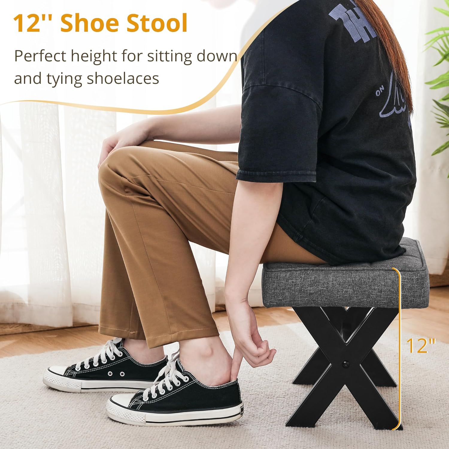 LUE BONA Taburete para pies, taburetes pequeños de 12 pulgadas de alto, reposapiés de lino resistente con patas en X de metal, reposapiés acolchado