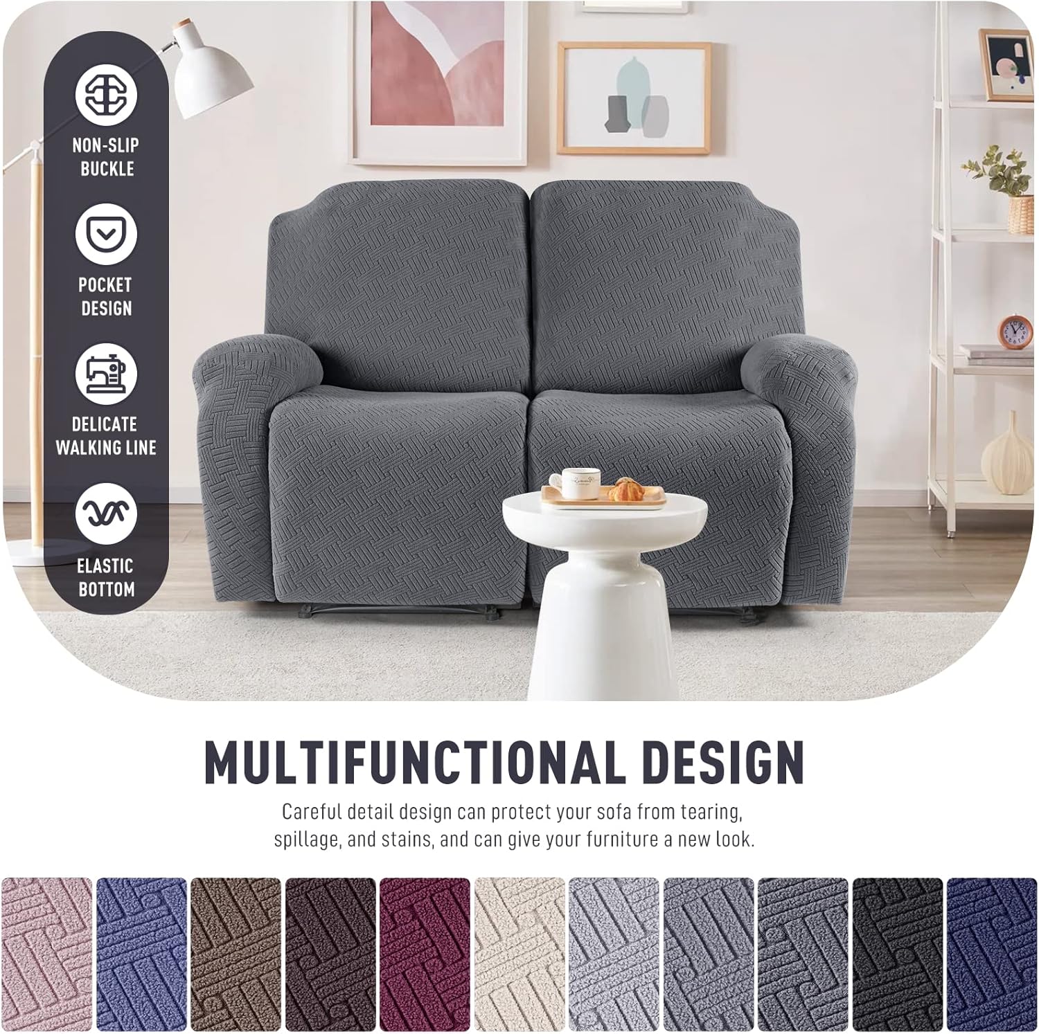 KinCam Fundas reclinables para sofá biplaza, 2 piezas elásticas para sofá reclinable de 2 asientos, fundas protectoras de muebles de jacquard a