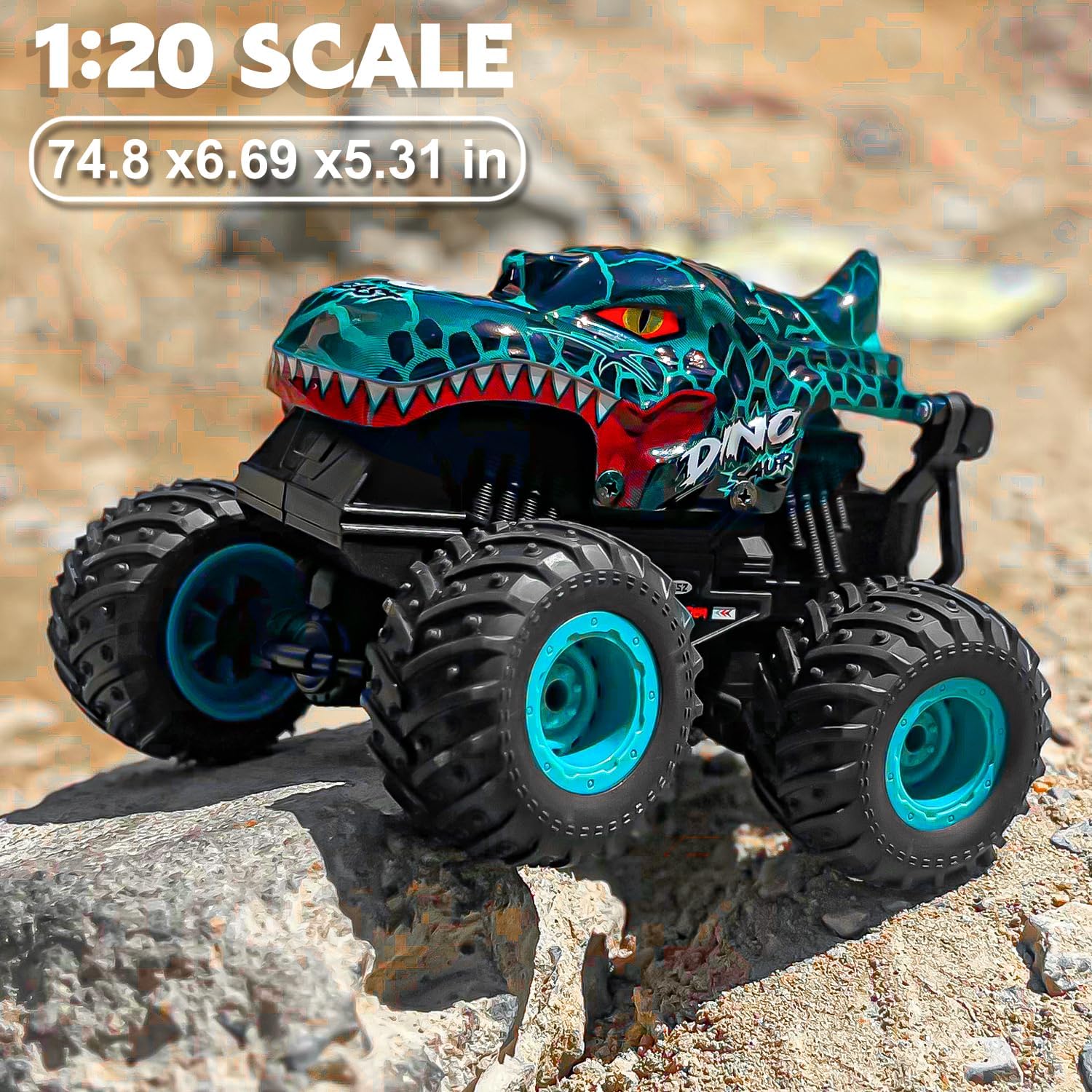 Monster Truck Toys, 2.4Ghz RC Monster Trucks para niños, 120 dinosaurio RC coches con luz y música, camión de control remoto con acrobacia, giro de