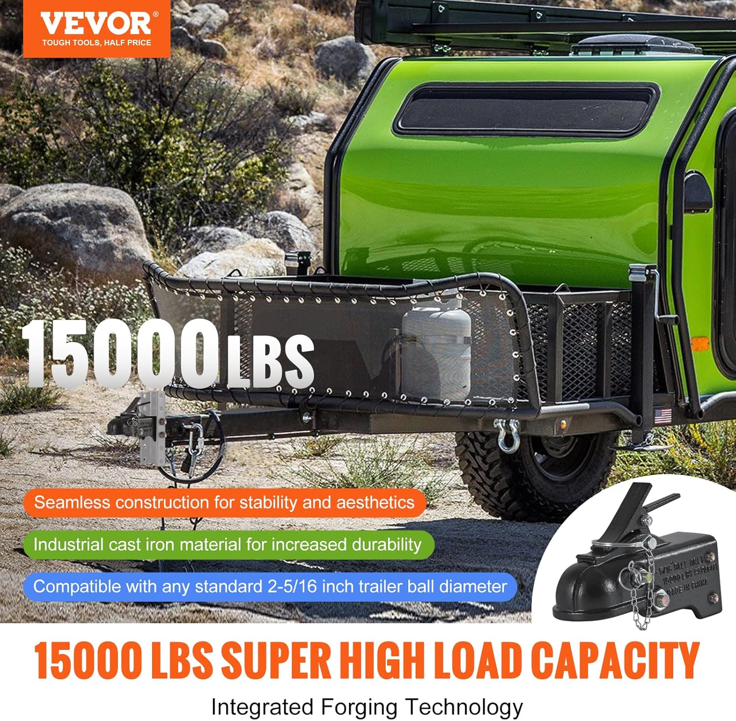VEVOR Acoplador de remolque ajustable, bola de enganche de 2-516″, capacidad de 15000 libras, acoplador de montaje en canal fundido resistente con
