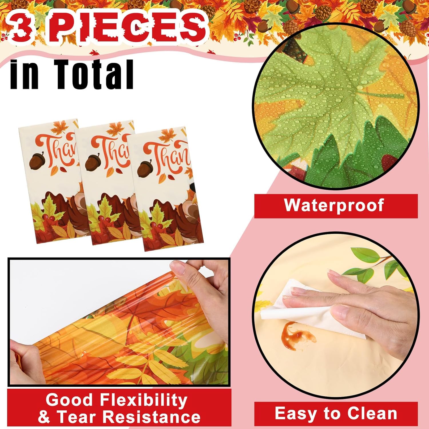 Newwiee 3 manteles de plástico con texto en inglés “Happy Thanksgiving”, manteles de pavo de otoño de 54 x 108 pulgadas, desechables, suministros de