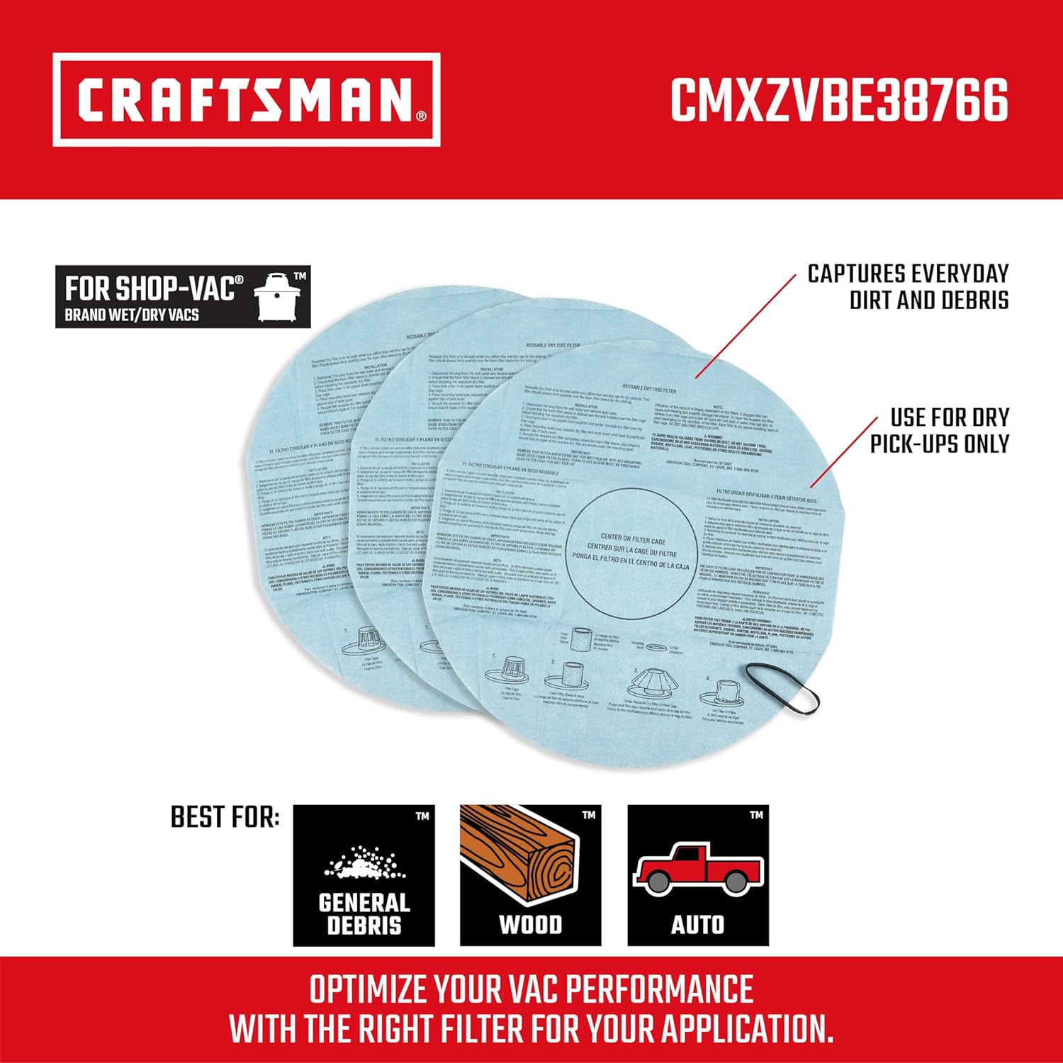 CRAFTSMAN CMXZVBE38766 Filtros secos con banda de retención, filtro de vacío de repuesto para aspiradora húmeda y seca, filtros reutilizables solo