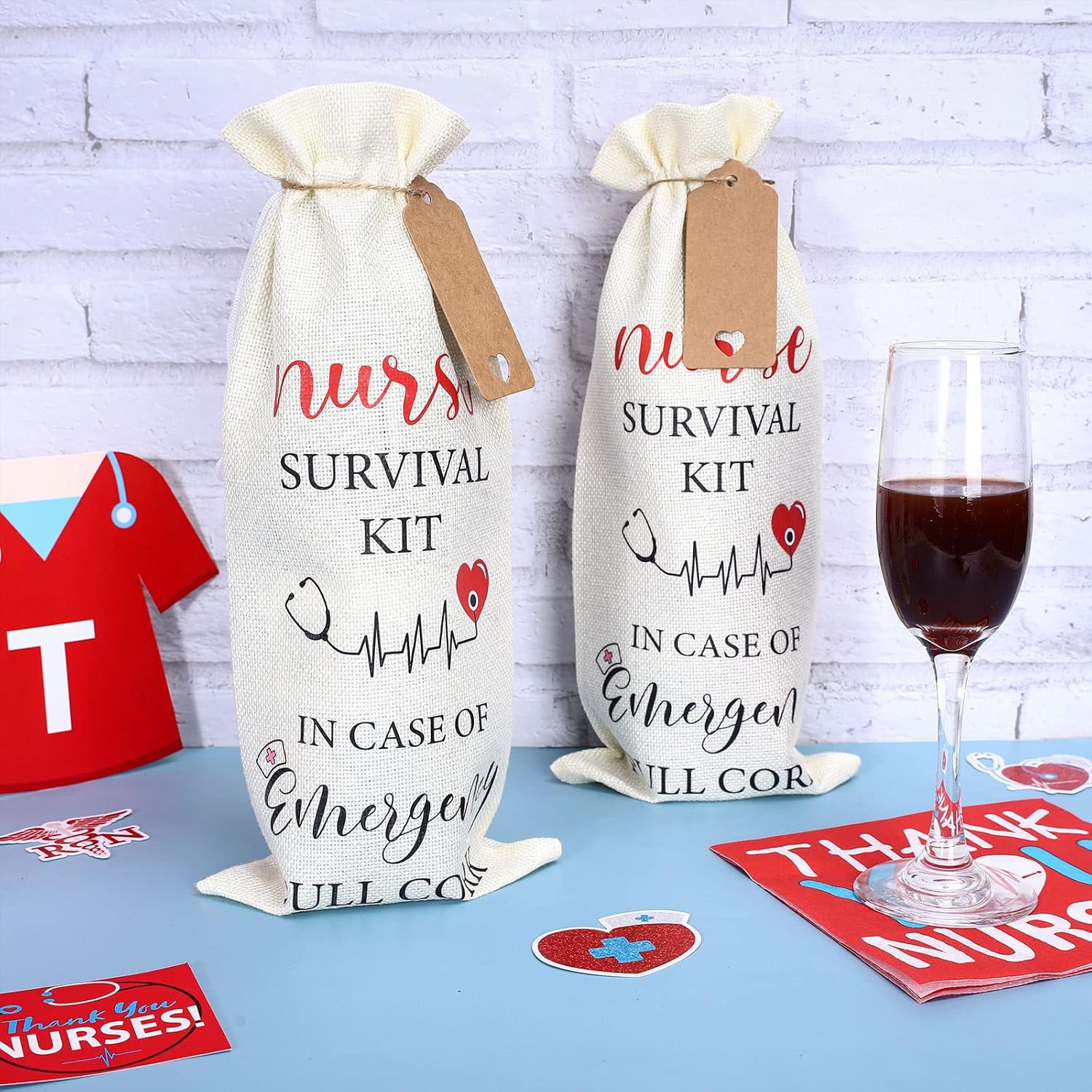 Whaline Bolsas de regalo de vino con cordón de arpillera, bolsas de envoltura de vino, kit de supervivencia para enfermeras, bolsa de vino con