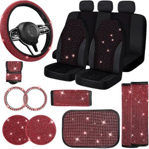 Juego de 17 fundas brillantes para asientos de automóvil, accesorios de diamantes de imitación para volante, terciopelo brillante transpirable Juego de 17 fundas brillantes para asientos de automóvil, accesorios de diamantes de imitación para volante, terciopelo brillante transpirable