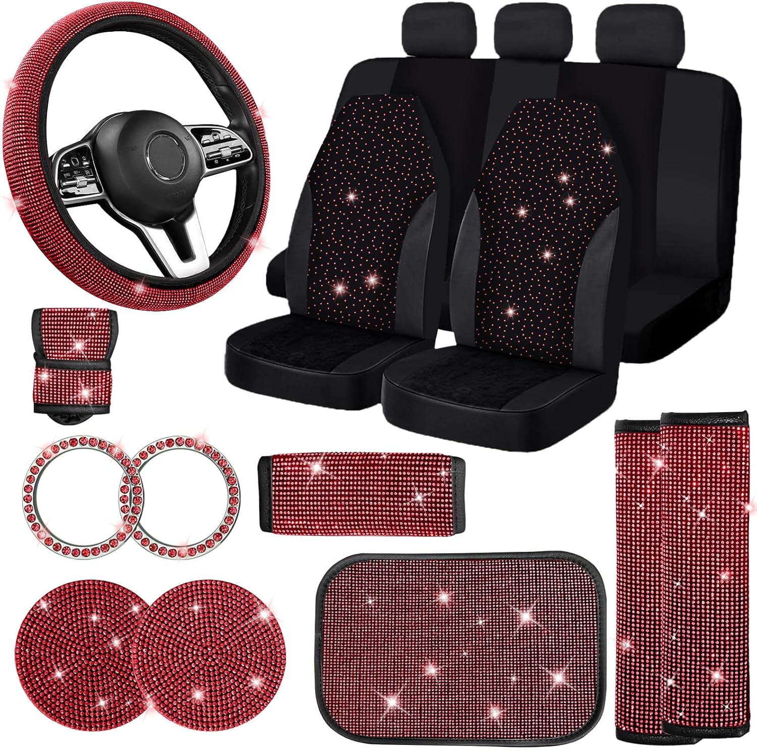 Juego de 17 fundas brillantes para asientos de automóvil, accesorios de diamantes de imitación para volante, terciopelo brillante transpirable