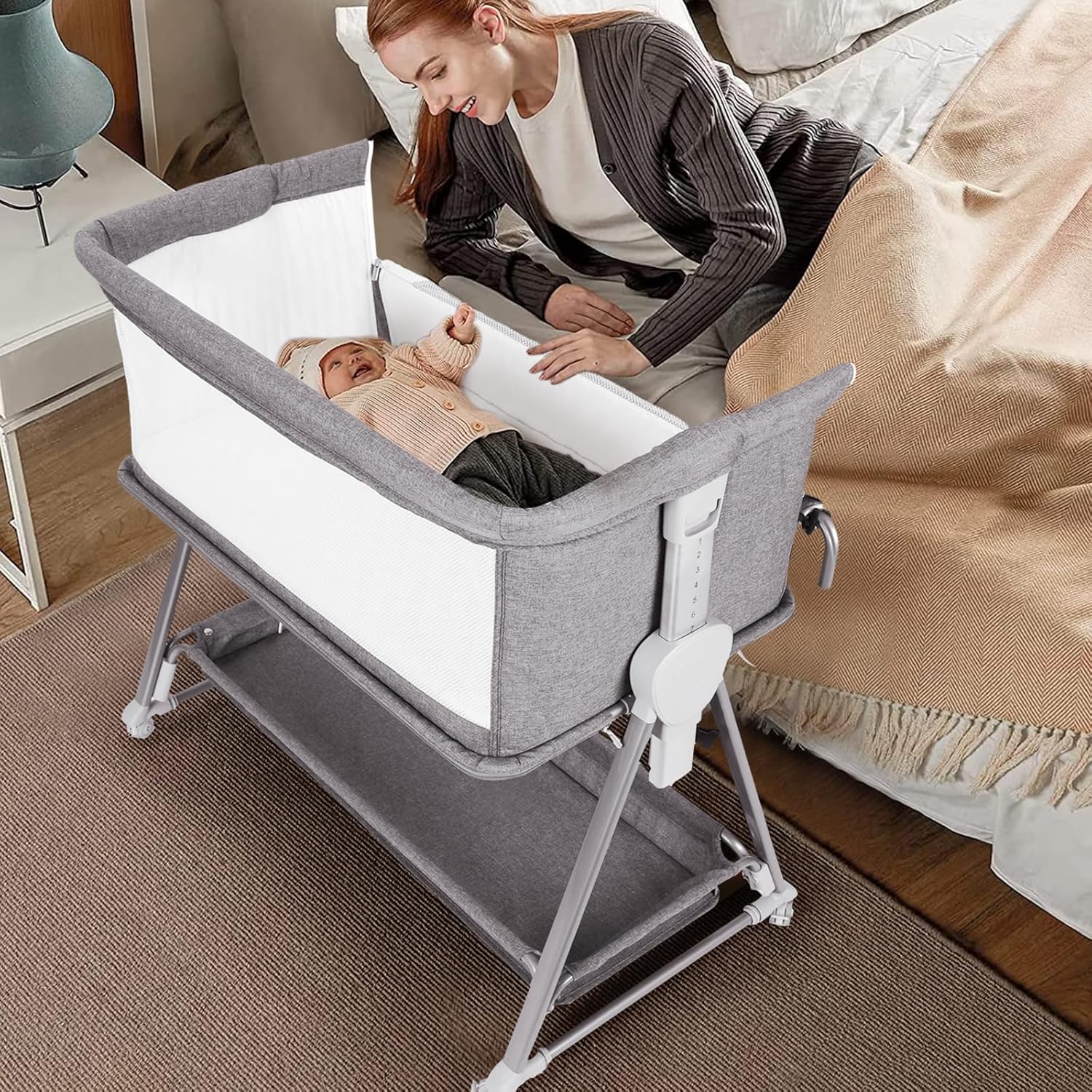 Cowiewie Moisés 3 en 1 para bebé, corralito para niños, multifuncional, junto al moisés con modo de juego para bebé de altura ajustable (gris)