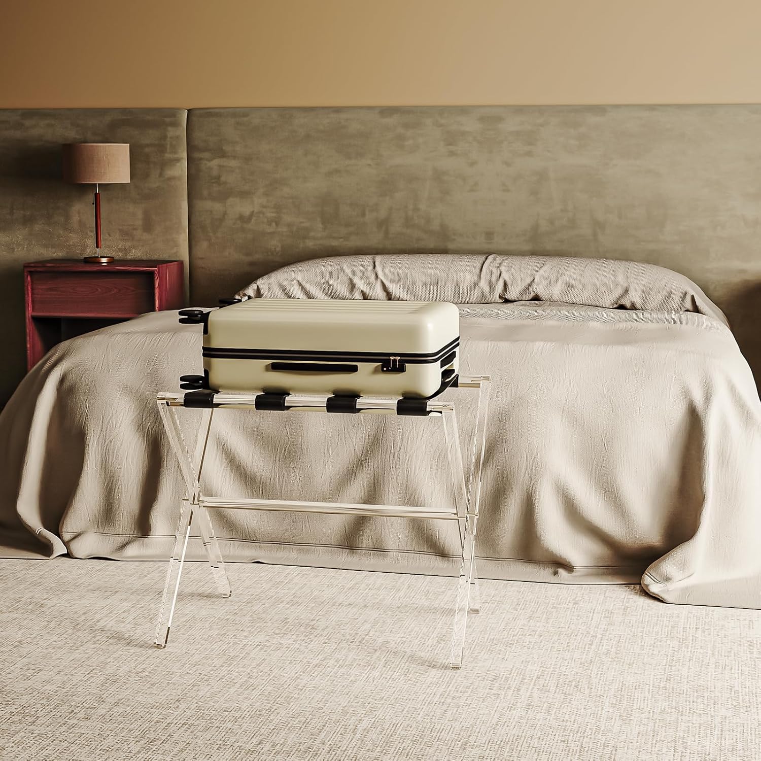 Sumerflos Portaequipajes de acrílico para habitación de invitados, soporte plegable transparente para maleta con correas de cuero para dormitorio,