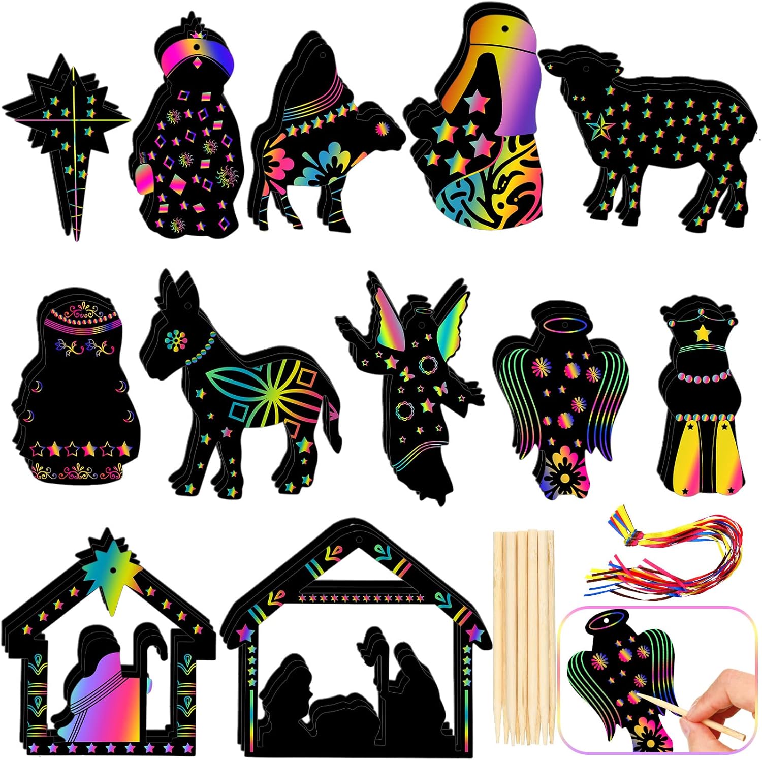 36 piezas de papel para rascar el árbol de Navidad para niños, incluye tarjeta de rascar, 10 lápices de madera, 36 cintas coloridas para Navidad,