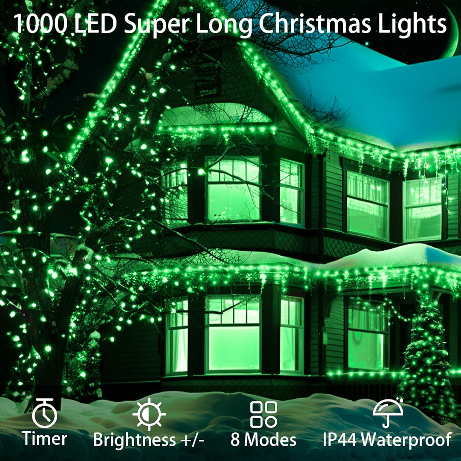 Luces de Navidad para exteriores, 1000 luces LED, 394pies, luces de Navidad súper largas, 8 modos y temporizador, cuerda de luces de fantasía, LED