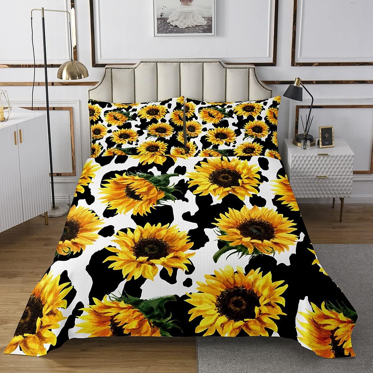 Feelyou Juego de colcha de girasol de vaca, diseño floral botánico, ropa de cama con estampado de flores amarillas, juego de edredón suave y ligero