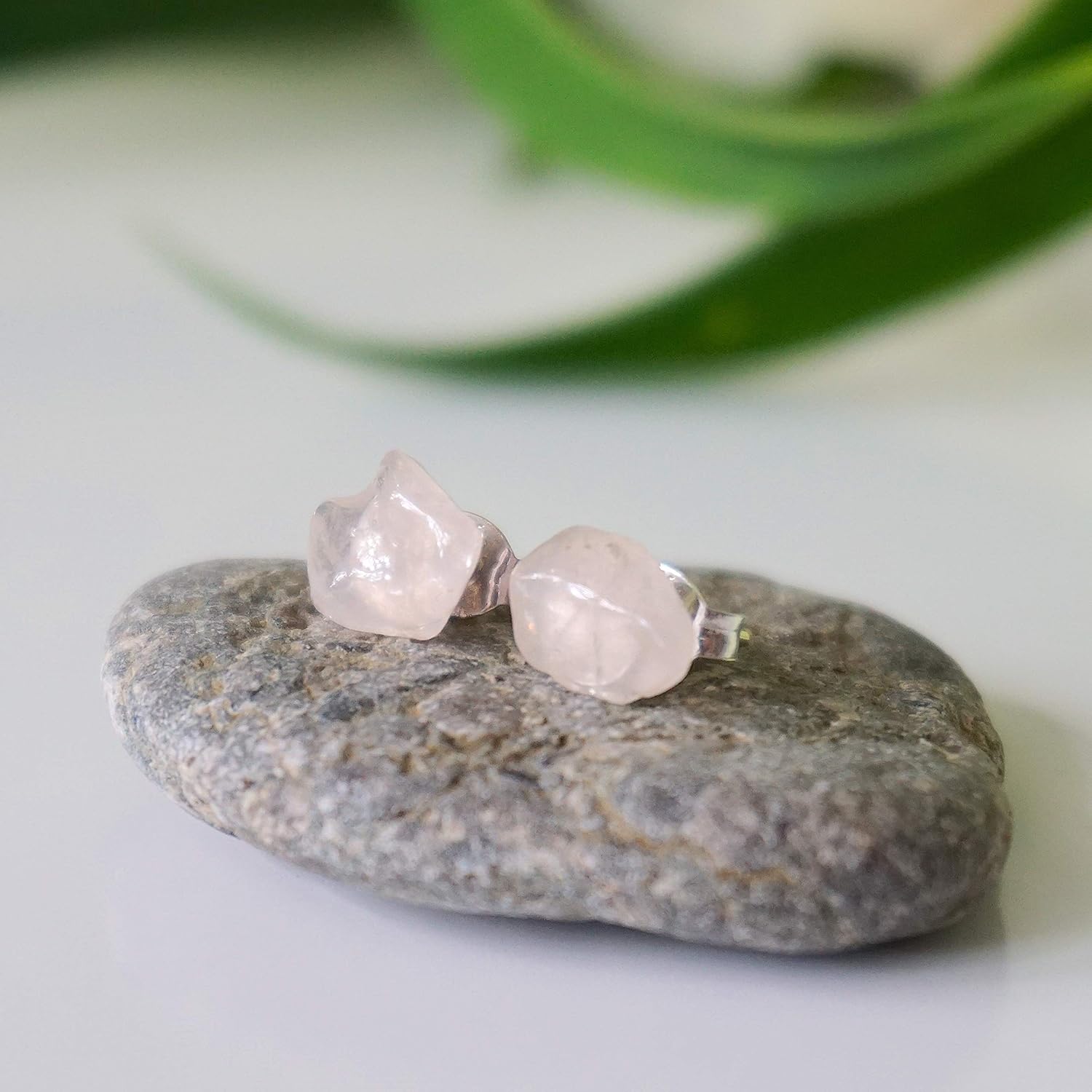Designs by Nature Gems Handmade Rose Quartz Stud Earrings Sterling Silver, January Birthstone