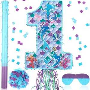 Piñata de sirena número 1 para decoración de fiesta de primer cumpleaños, recuerdos de fiesta de sirena para niñas, piñatas con palillo de piñata Piñata de sirena número 1 para decoración de fiesta de primer cumpleaños, recuerdos de fiesta de sirena para niñas, piñatas con palillo de piñata