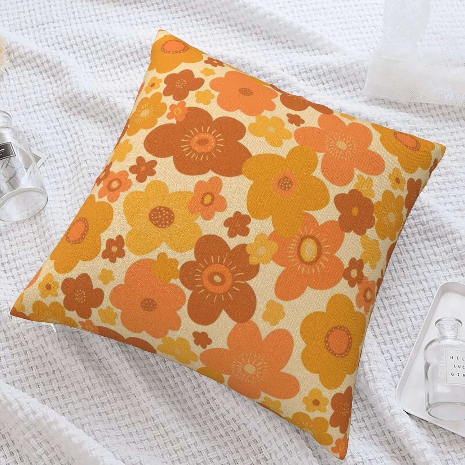 Drissa Fundas de almohada abstractas retro vintage de los años 70 con patrón floral hippy naranja, funda de almohada decorativa de 18 x 18 pulgadas,