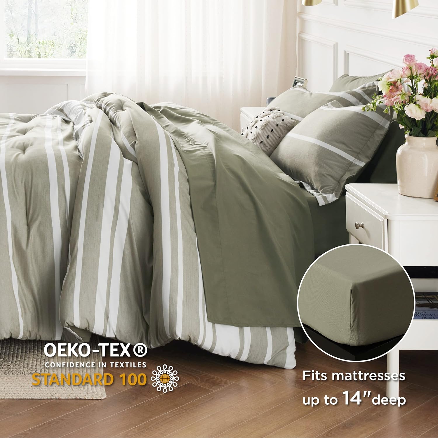 Bedsure Bed in a Bag King – Juego de edredón de 7 piezas, color verde oliva y blanco, a rayas, para todas las estaciones, 2 fundas de almohada,