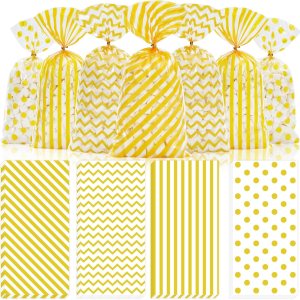 Whaline 160 bolsas de celofán para golosinas de celofán con rayas amarillas, bolsas de celofán, bolsas de plástico con lazos giratorios para Whaline 160 bolsas de celofán para golosinas de celofán con rayas amarillas, bolsas de celofán, bolsas de plástico con lazos giratorios para