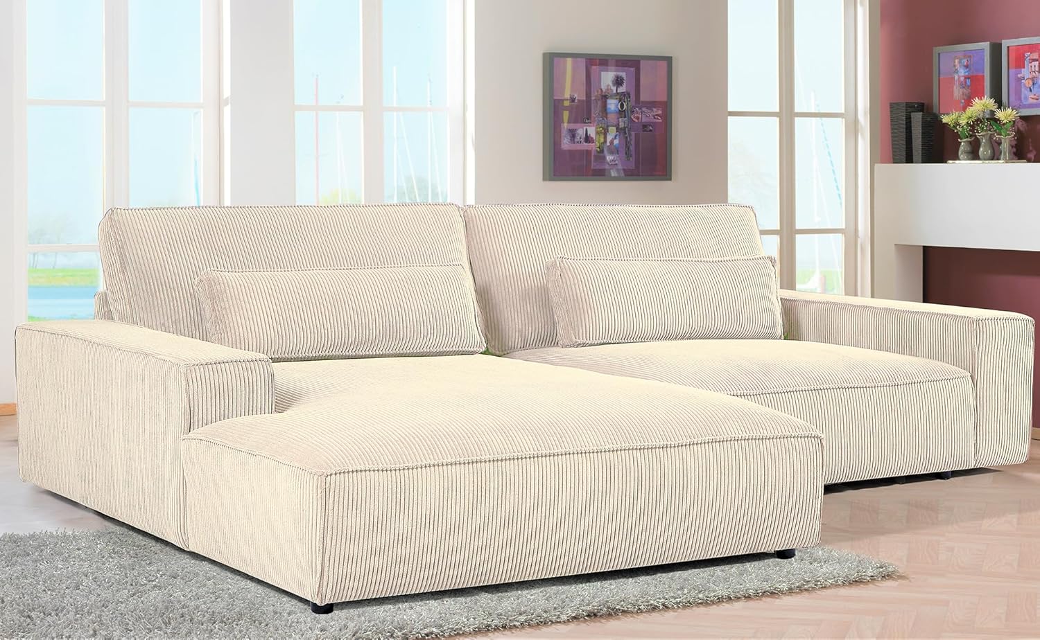 Luxe – Sofá modular de dos piezas de gran tamaño para sala de estar, sofá en forma de L con diván, tapizado con tela de pana, color beige, orientado