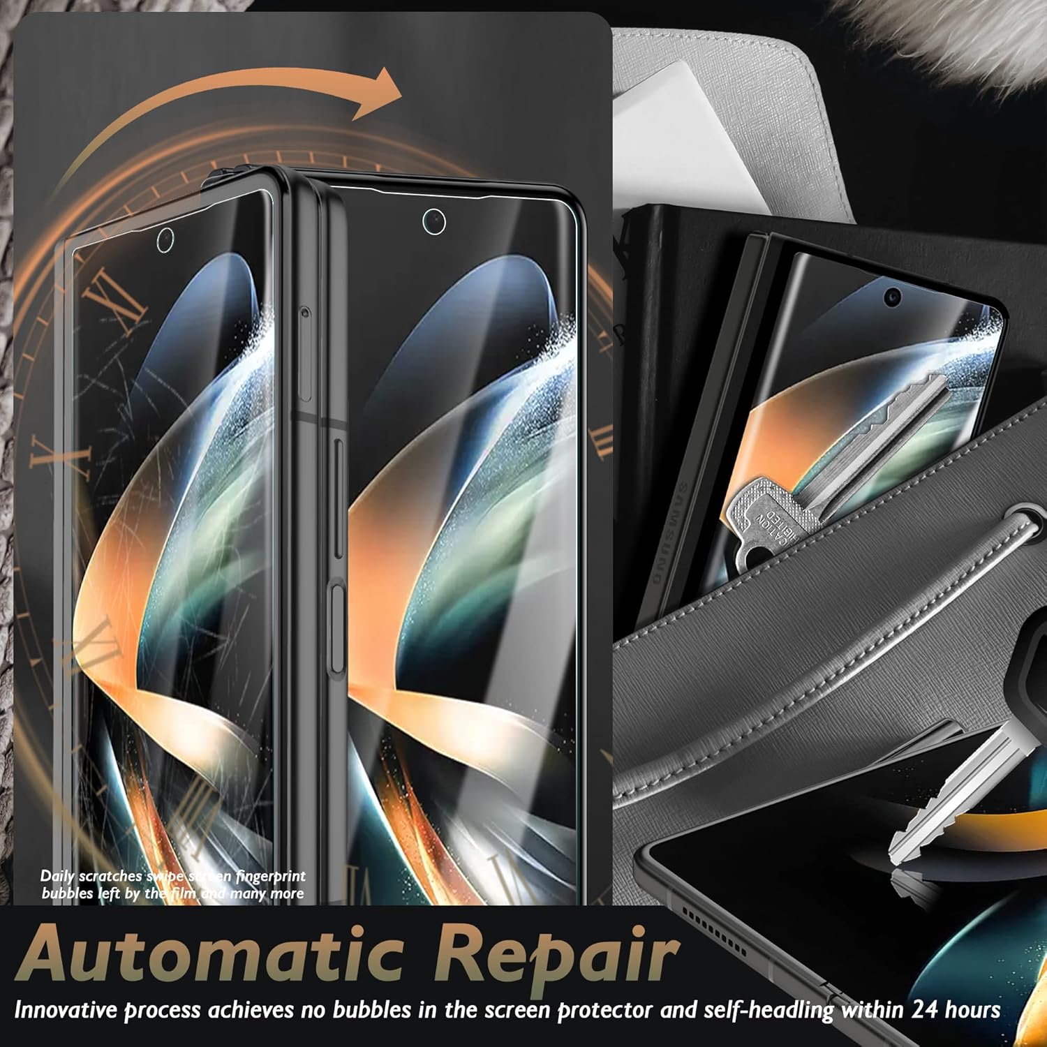 Orzero (2 juegos de 4 paquetes compatibles con Samsung Galaxy Z Fold 4 5G, 2 protectores de pantalla frontal de poliuretano termoplástico (TPU) y 2