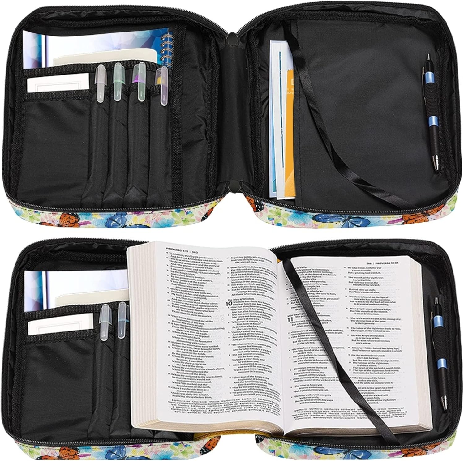 ZOCANIA Fundas florales para la Biblia para mujeres y niñas, funda de Biblia de mariposa con asa y bolsillo con cremallera, tamaño grande de 10.8 x