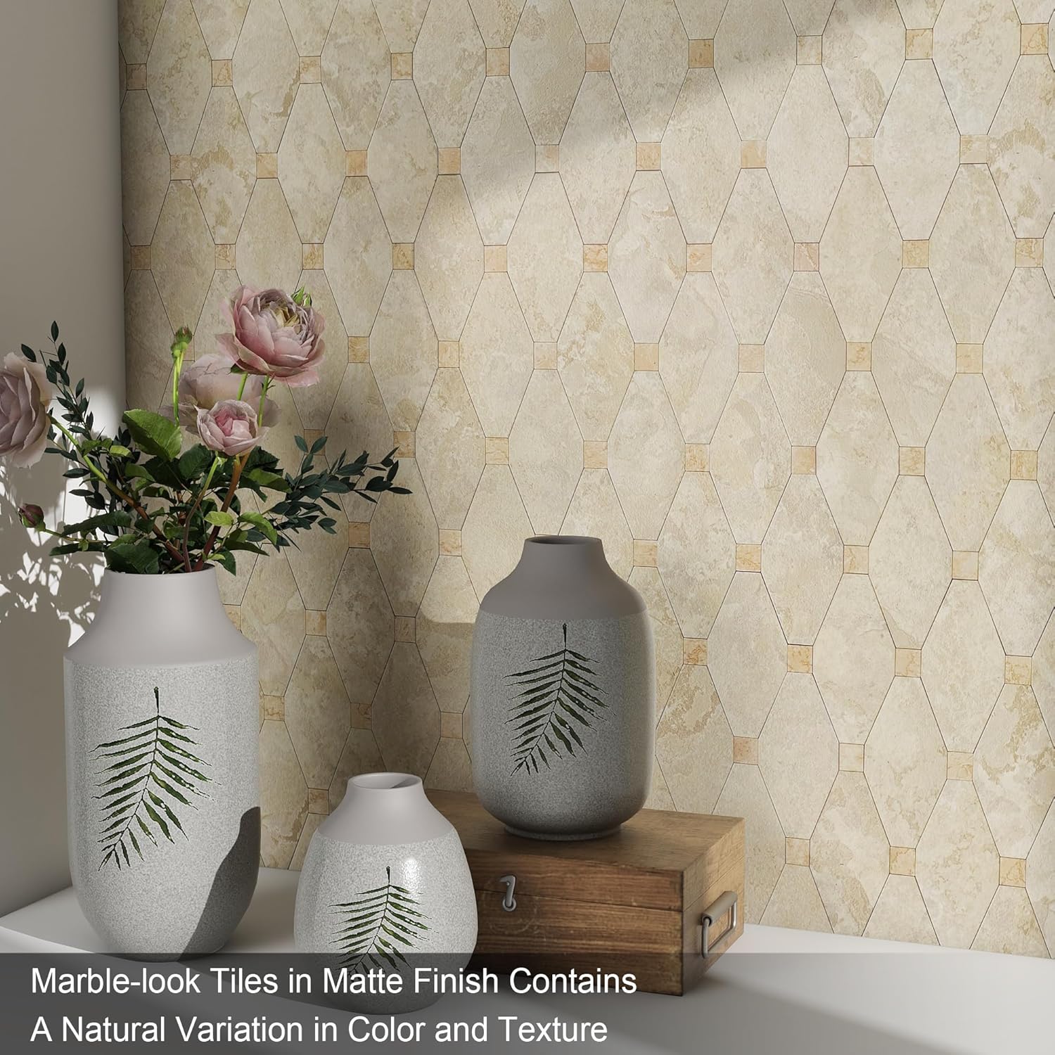 BeNice Azulejos hexagonales de mármol para cocina, azulejos de mármol hexagonales para baño (10 unidades, beige rústico)
