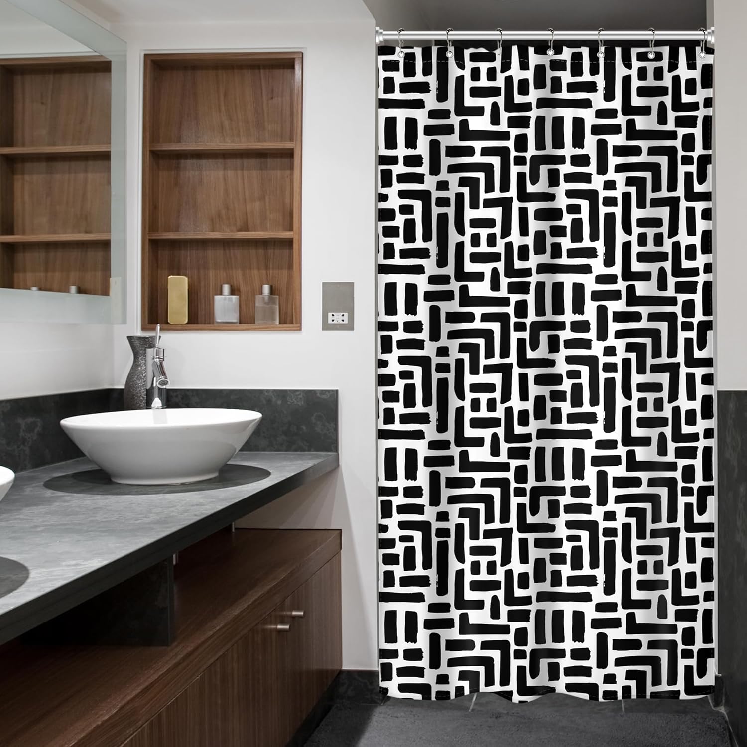 Riyidecor Cortina de ducha abstracta en blanco y negro, bohemio, bohemio, moderno, minimalista, geométrico, 36 pulgadas de ancho x 72 pulgadas de