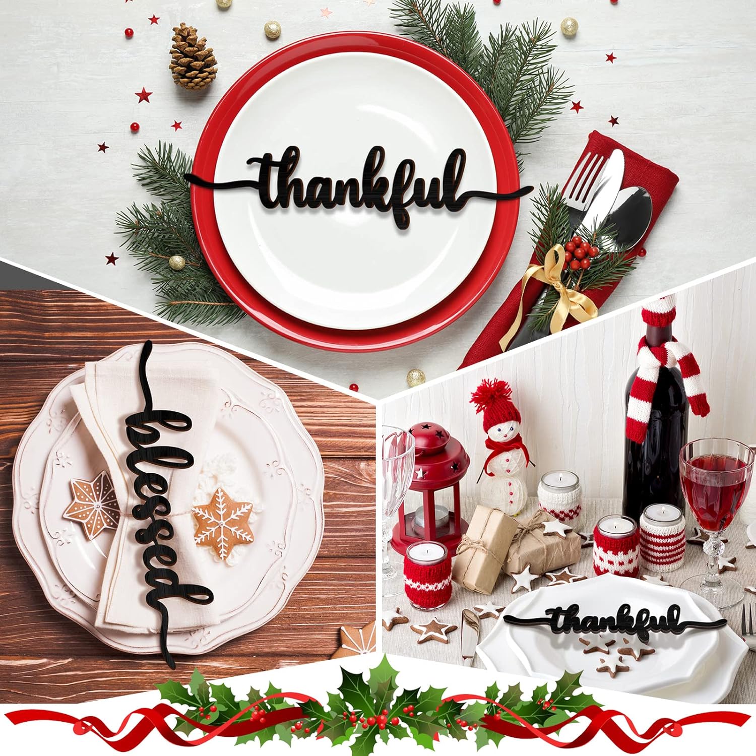 12 piezas de Navidad con recorte de madera con recorte de madera con texto en inglés “Joyful Merry Thankful Grateful Blessed Peace Gather”, letrero