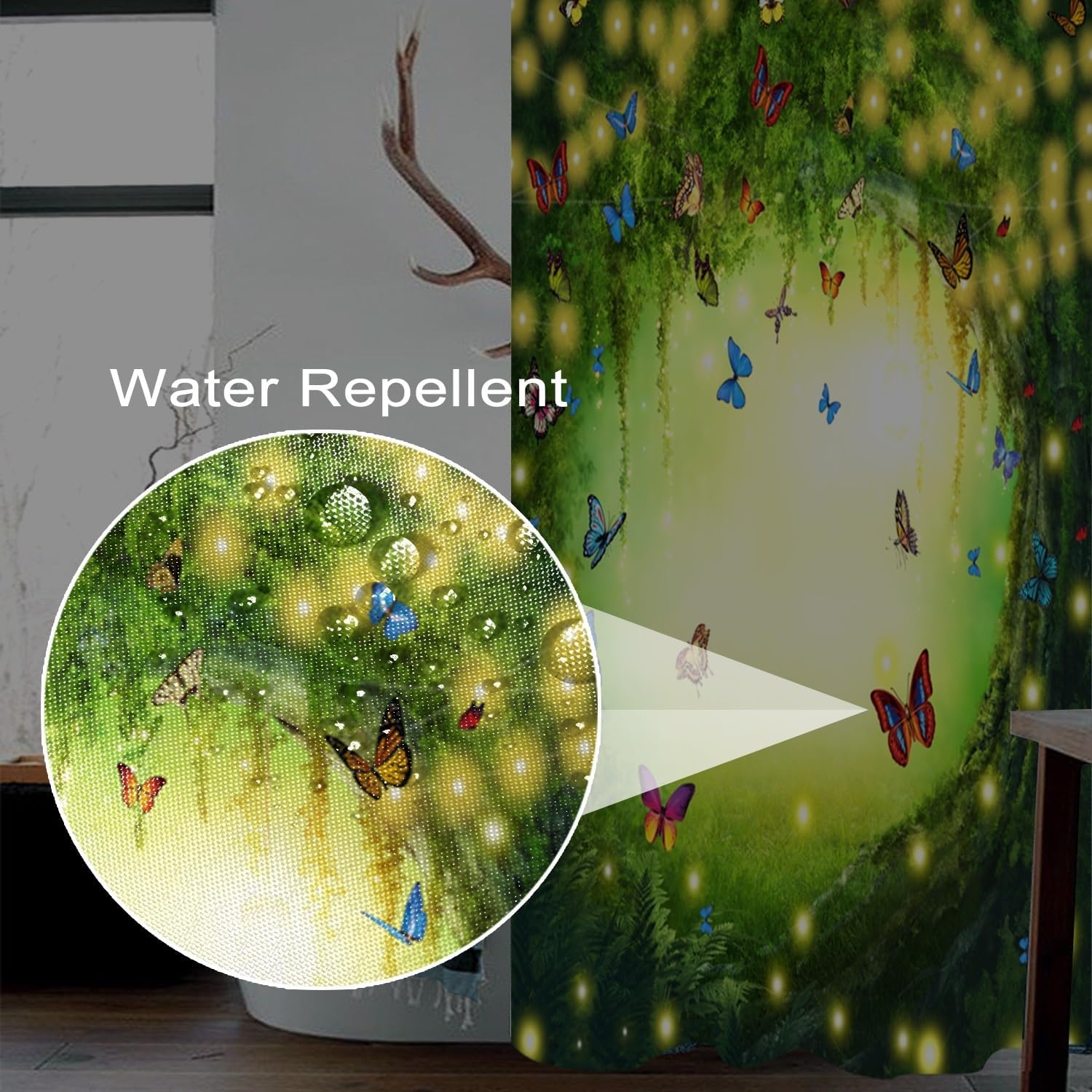 Uiiooazy Cortina de ducha de primavera para baño, diseño de mariposas azules, sol, juego de cortina de tela impermeable para bañera, hojas de árbol