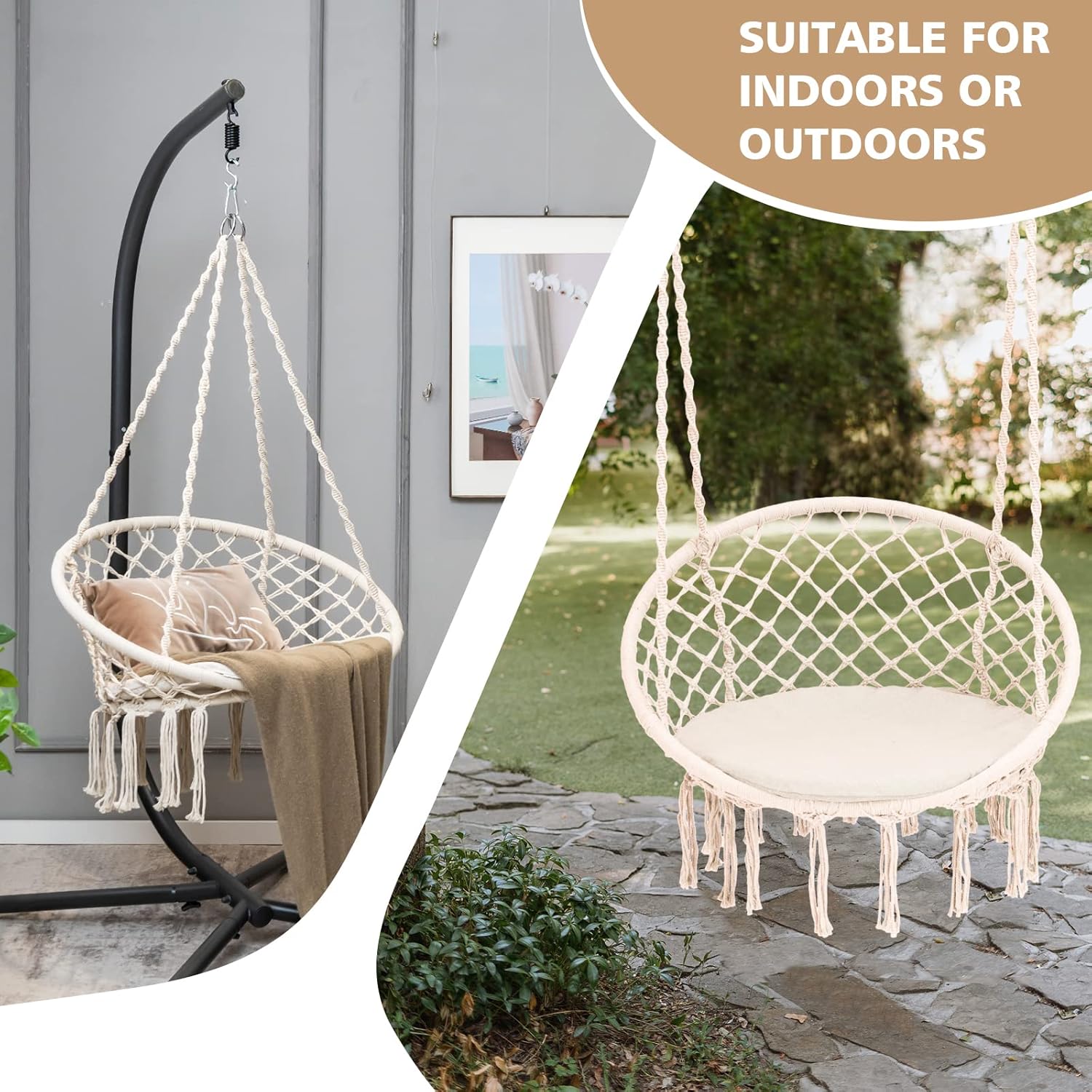 Giantex Silla hamaca de macramé  Silla colgante con cojín y kit de herramientas, capacidad de peso de 330 libras, columpio interior para soporte de