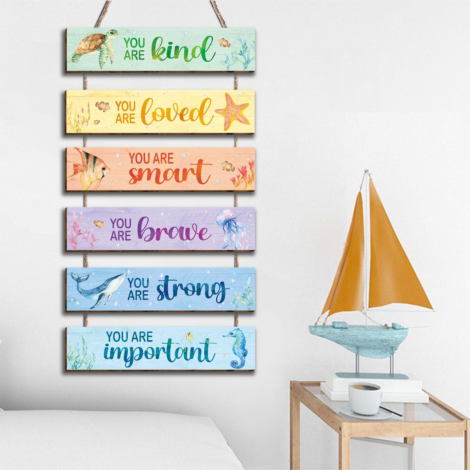 6 piezas de decoración de océano para habitación de niños, letrero colgante con acuarela, océano, citas positivas inspiradoras, decoración de pared