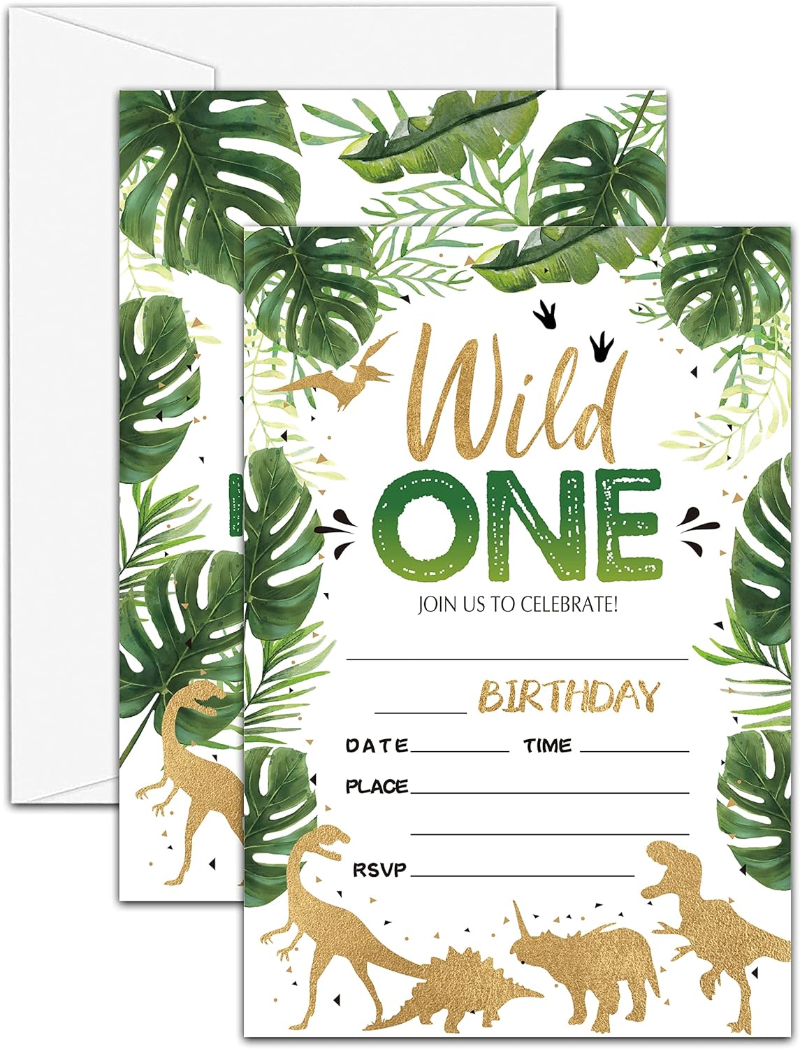 Invitaciones para fiesta de primer cumpleaños, invitaciones de cumpleaños Wild One para niños y niñas, invitaciones de safari dorado en la selva,