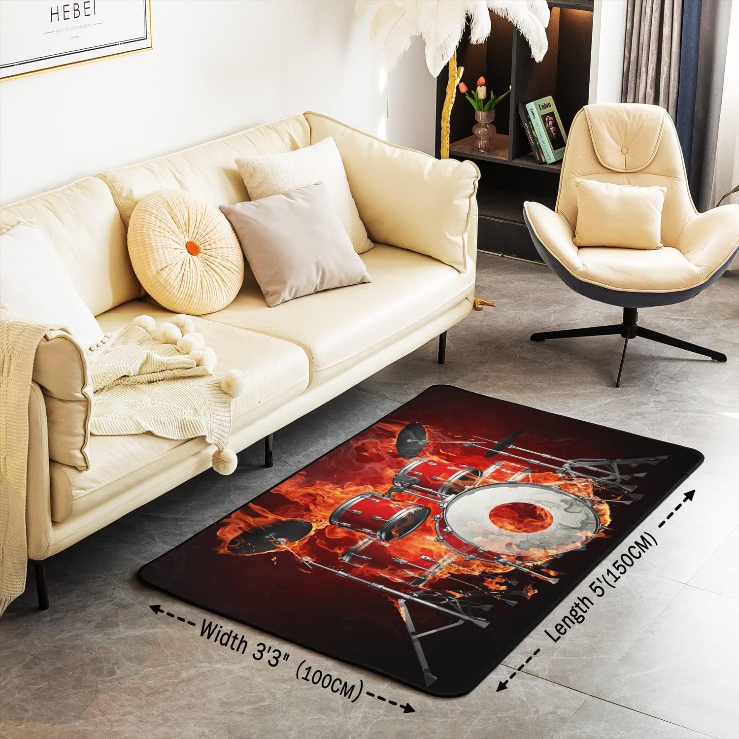 jejeloiu Kit de batería de 5 x 7 pies, alfombra decorativa con temática de música rock para niños, alfombra de instrumentos musicales fuertes para