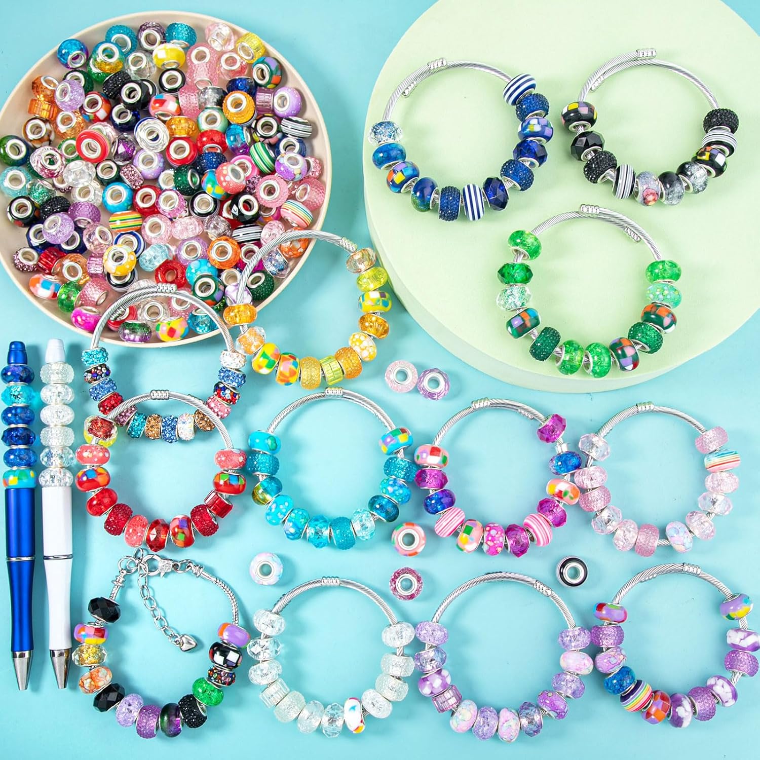 210 cuentas europeas de agujeros grandes, cuentas de manualidades europeas surtidas, cuentas de diamantes de imitación de colores mixtos, cuentas