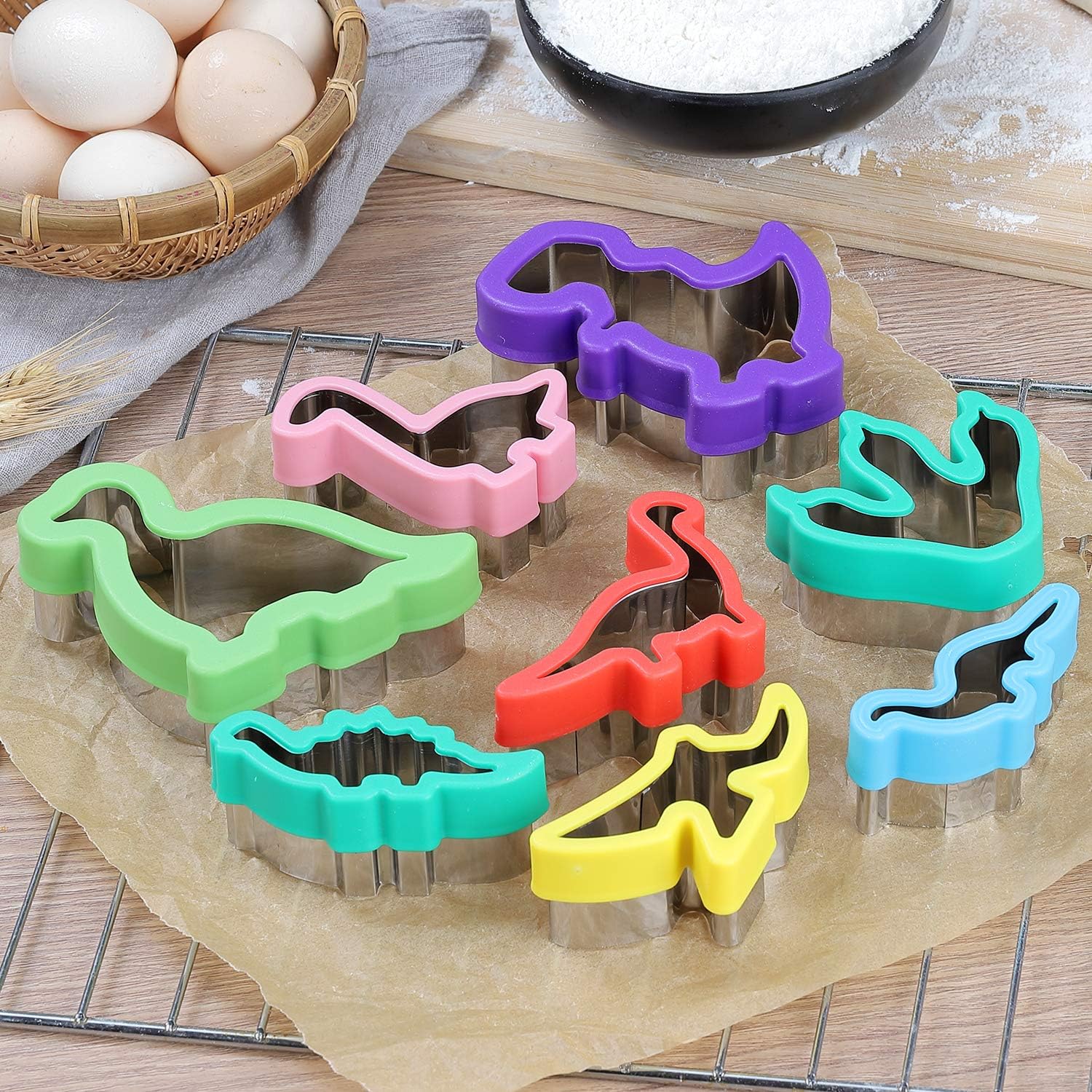 Juego de cortadores de galletas de dinosaurio, moldes de acero inoxidable con forma de caramelo para manualidades, cocina, hornear, niños, temática
