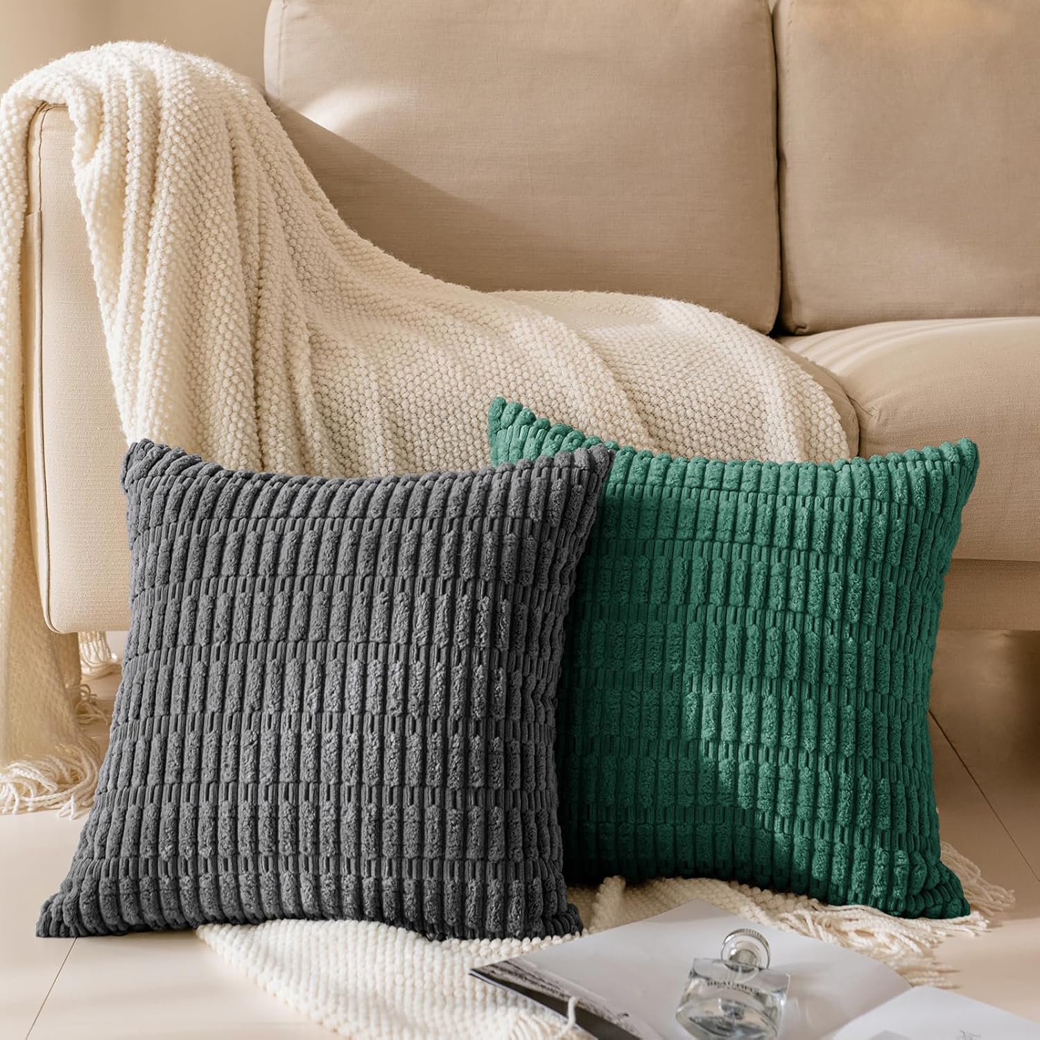 Softalker Juego de 4 fundas de almohada de pana de 16 x 16 pulgadas, fundas decorativas modernas de estilo bohemio a rayas suaves para sofá,