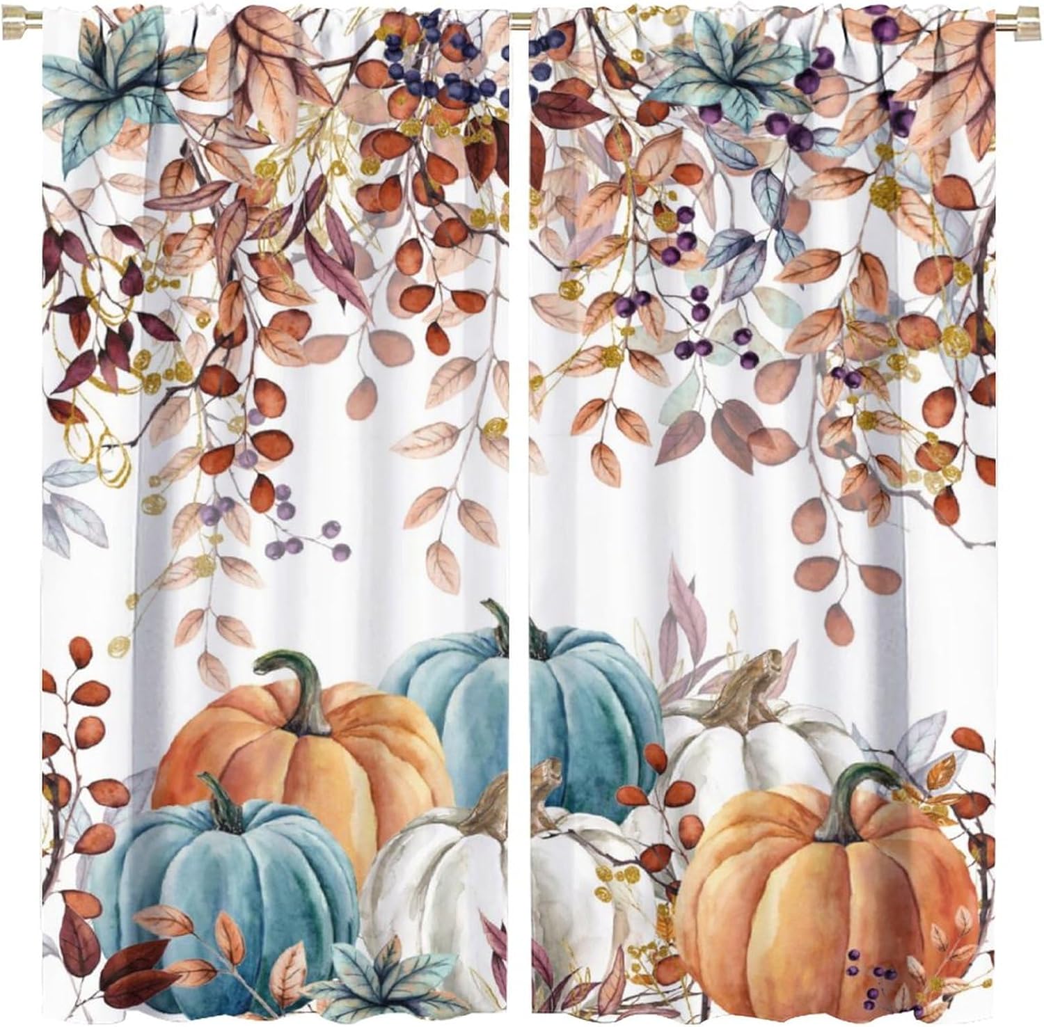 Cortinas de cocina de calabaza otoñal, rústicas, de otoño, hojas de acuarela, impresiones artísticas opacas con bolsillo para barra, cortinas de