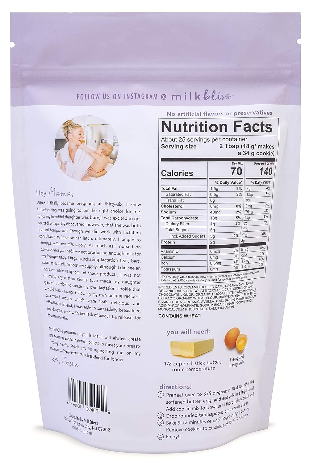 MilkBliss Dark Chocolate Chip Lactation Cookie Mix- Oatmeal Breastfeeding Cookie Supplement Support for Milk Supply Increase 15 oz